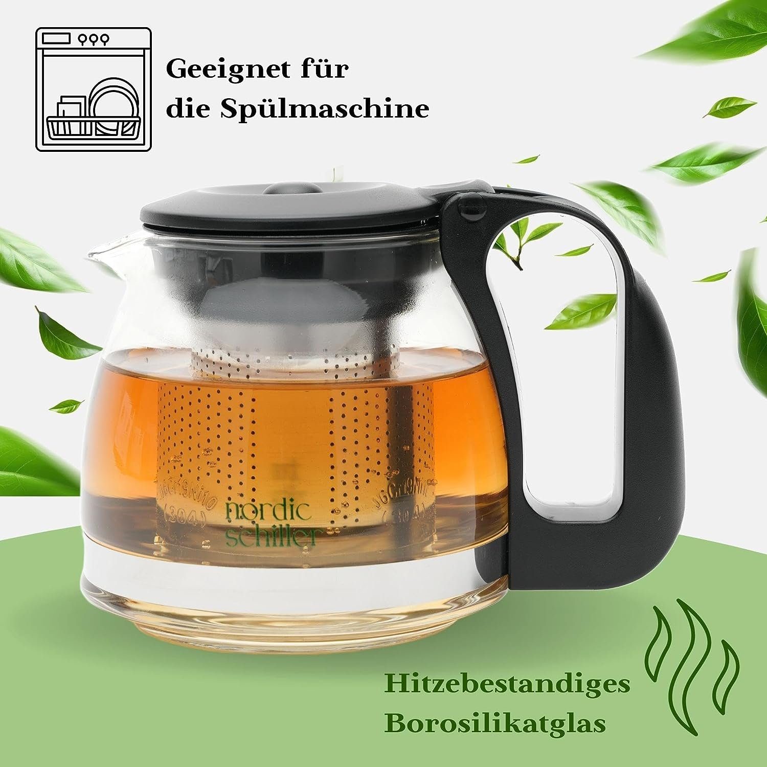 Nordic Schiller Teekanne Premium Teekanne Glas, Hitzebeständig Glaskanne mit Siebeinsatz, 0.7 l, Hitzebeständig Glaskanne mit Deckel, geeignet für Spülmaschine
