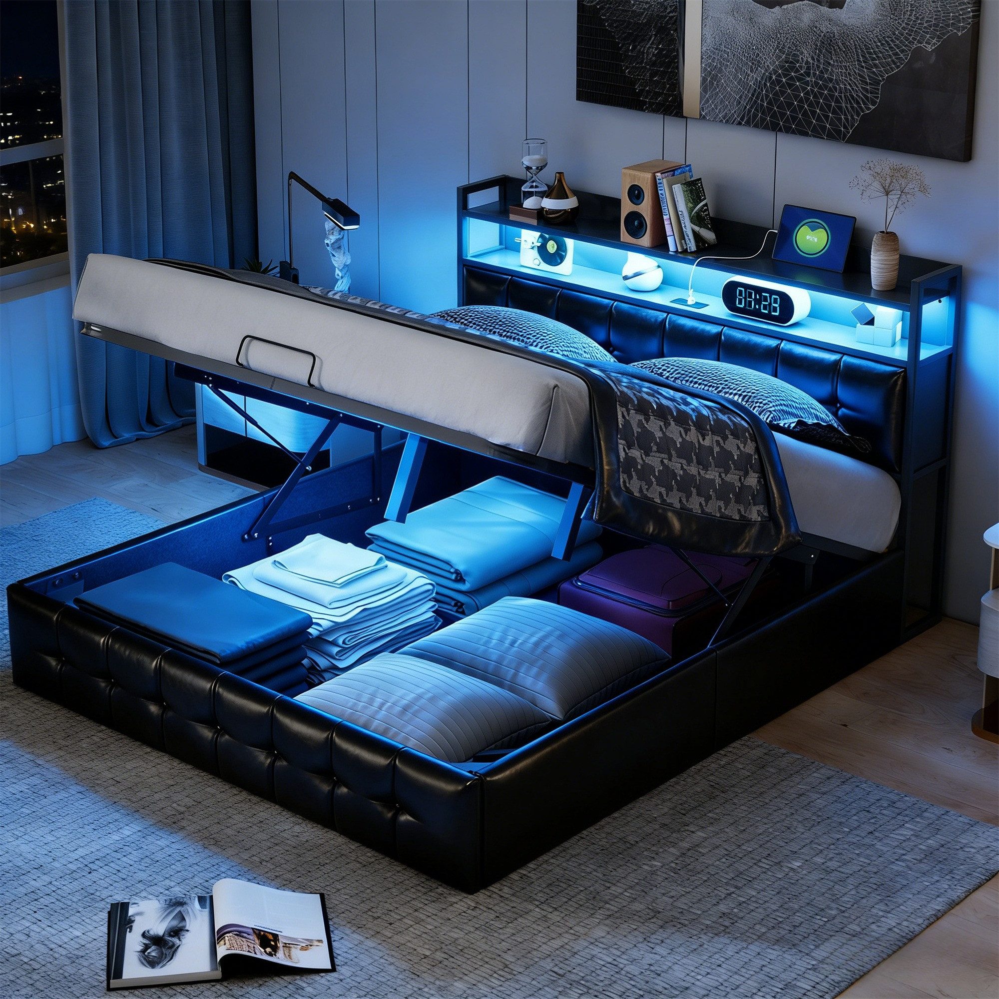 PXloue Polsterbett LED hydraulisches Doppelbett (inkl. Hydraulisch anhebbarer Bettstauraum), mit USB-Laden und Stauraum am Kopfteil,Kunstleder,140x200 cm