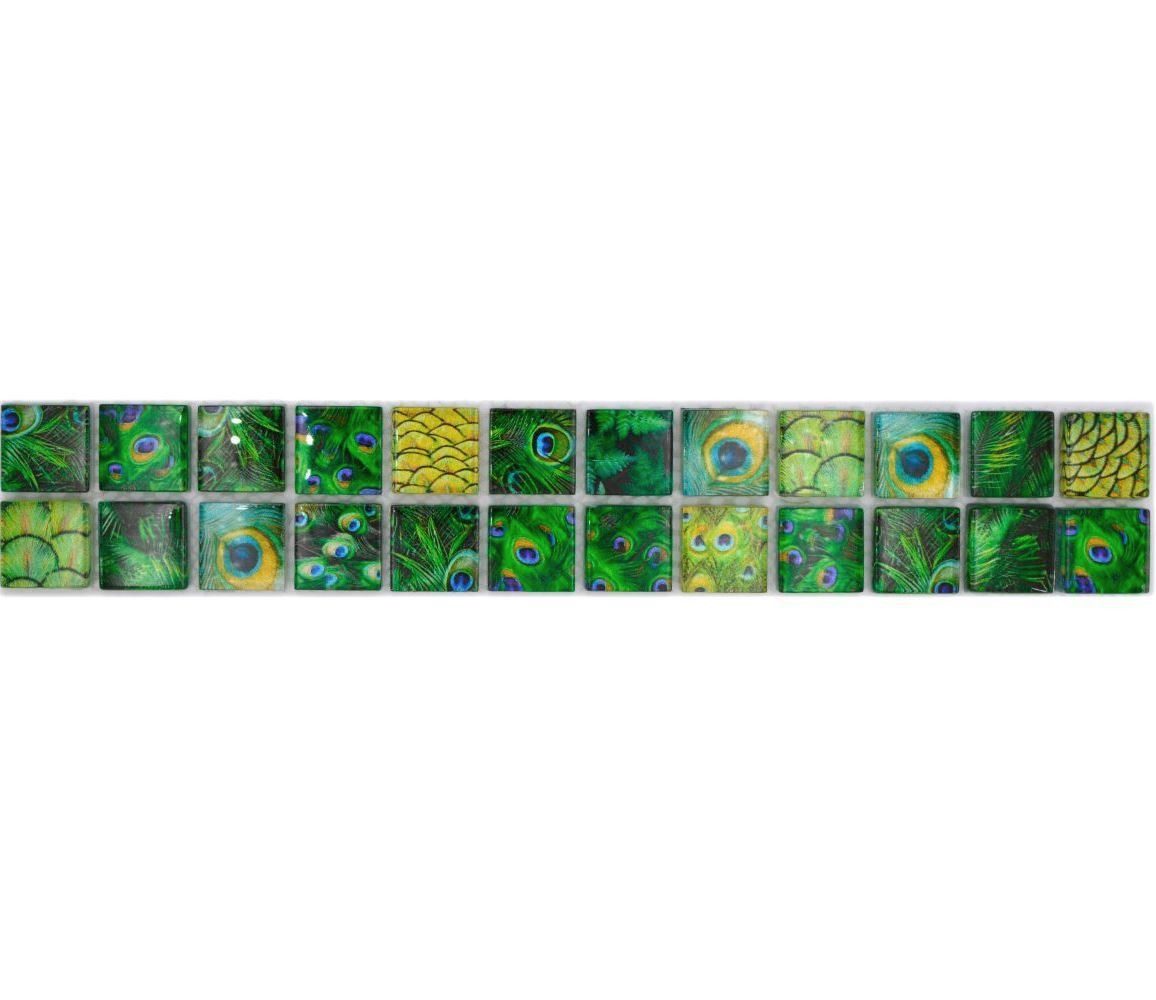 Mosani Fliesen-Bordüre Mosaik Borde Bordüre Glasmosaik Tierwelt Pfau Dunkelgrün hellgrün