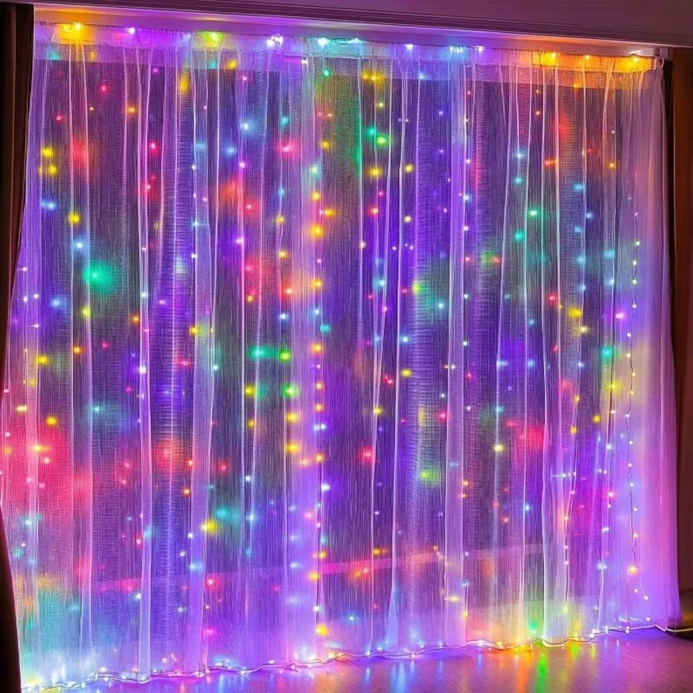 Wrischan Lichterkette Lichtervorhang 3x3m bunt USB Lichterkette Vorhang Fenster 300 LED, 8 Beleuchtungsmodi, Fernbedienung, USBbetrieben, multicolor, langlebig