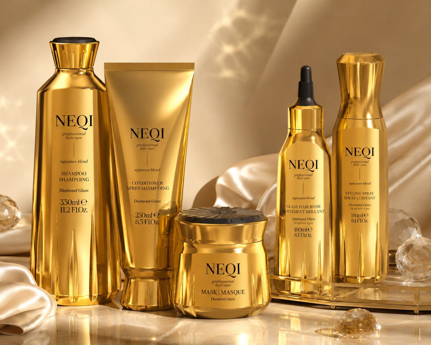 NEQI Haarpflege-Set Diamond Glass Hair Routine NEW, 5-tlg., Professionelle Glanzpflege für spiegelnden Haarglanz