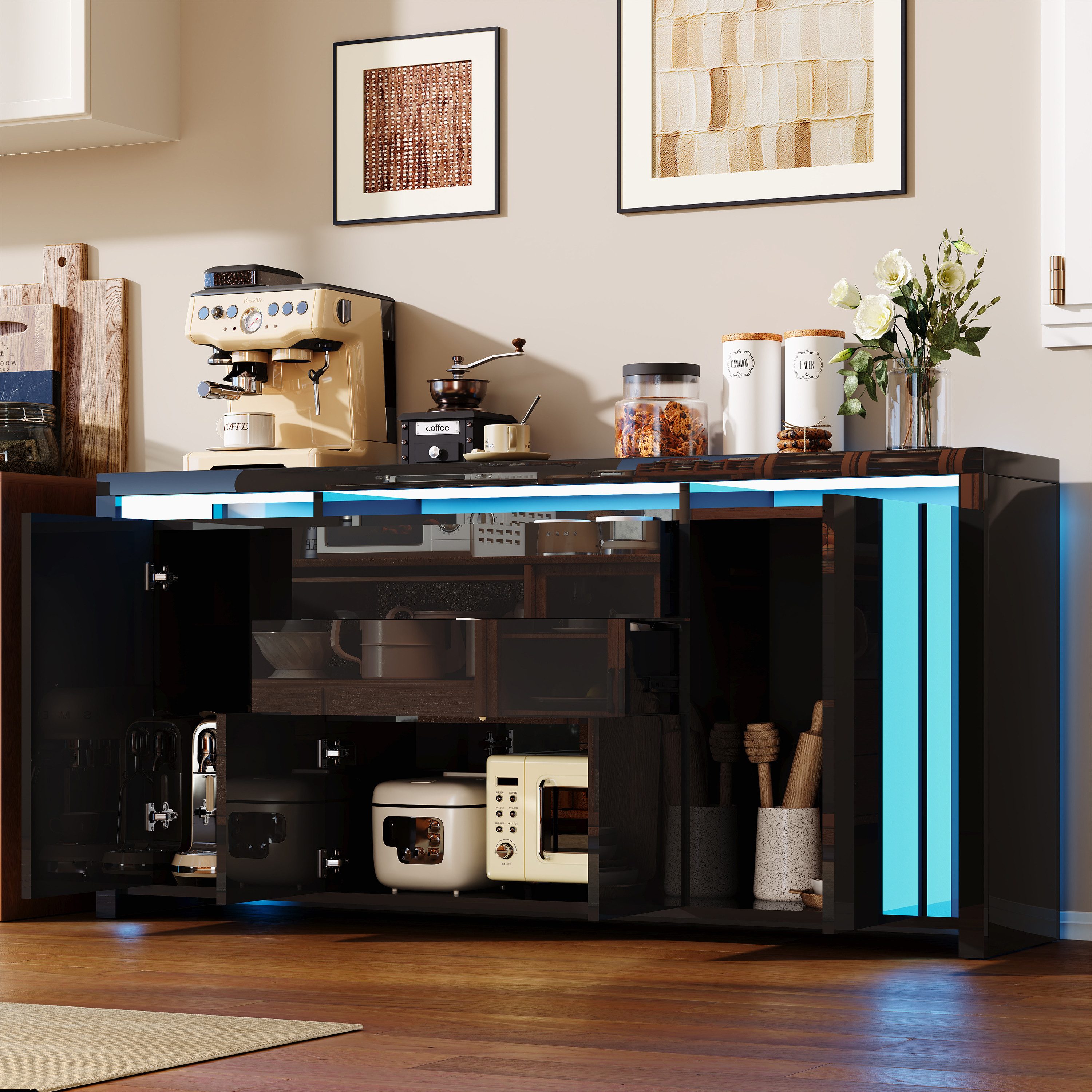 PXloue Kommode Hochglanz Sideboard (LED-Ambientebeleuchtung) Breite 160 cm, Beistellschrank mit 4 Fächern und 2 Schubladen( Push-to-open-Funktion)