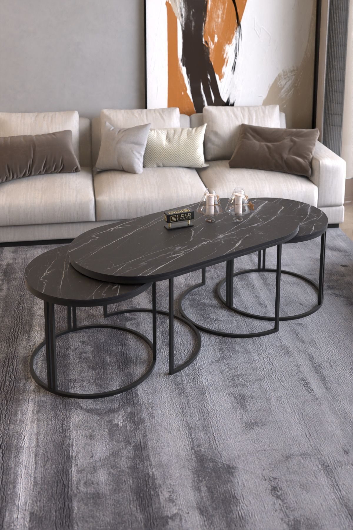 en.casa Couchtisch (3-St., Couchtisch + 2 Beistelltische), 3-teiliges Set, oval, modern 89322070