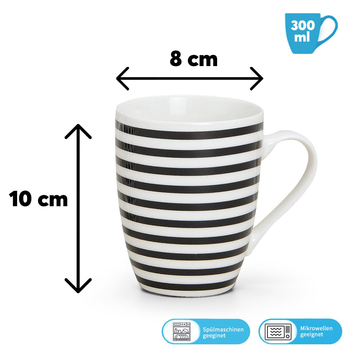 matches21 HOME & HOBBY Tasse Kaffeetassen 4er Set Punkte Streifen Design gepunktet, 4-tlg., Porzellan, Tee Kaffee-Becher, modern, weiss schwarz gestreift, 300 ml