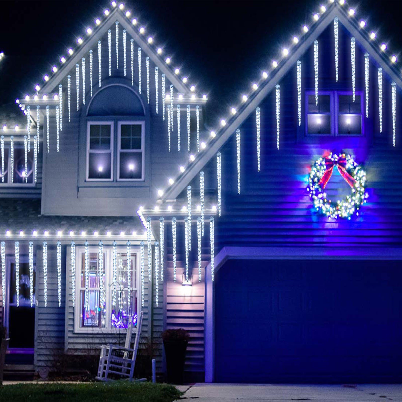 Laybasic LED-Lichterkette Eiszapfen Lichterkette Außen,Wasserdichte Meteorlichter Regenlichter, 96-flammig, IP65 Wasserdichte Anschließbar Lichterkette Eisregen für Weihnachten