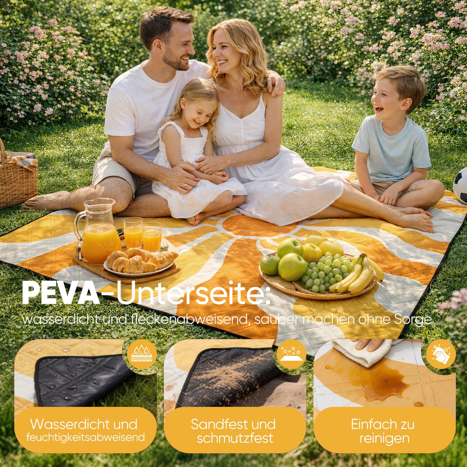 Picknickdecke Picknickdecke Wasserdicht Campingdecke 200x200 cm, Sekey, 3-Schicht mit PEVA Unterseite, für 4–6 Personen, für Strand & Camping – Bild 5 von 5
