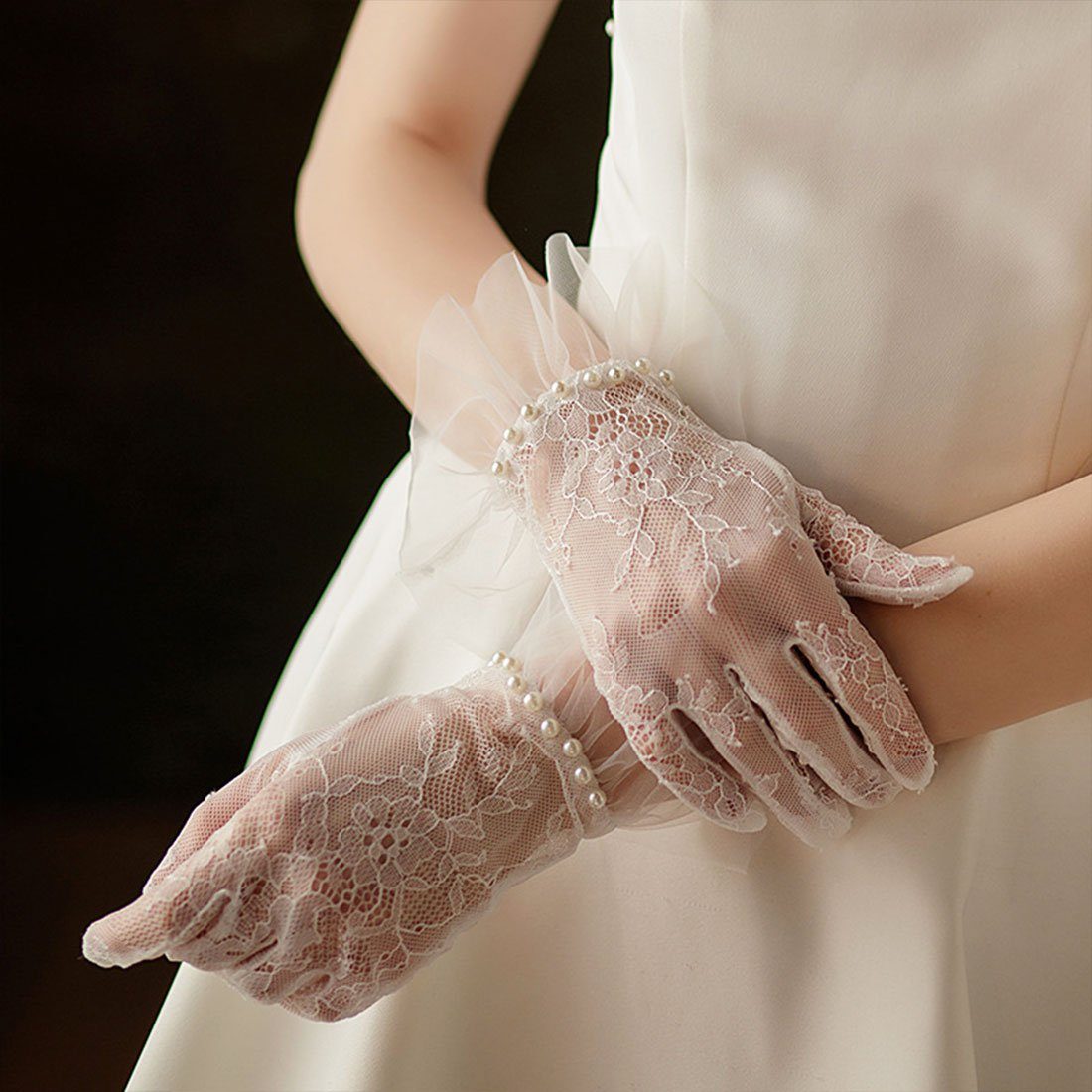 DÖRÖY französische Weiße Abendhandschuhe Perlen Hochzeitshandschuhe, Spitzenhandschuhe mit