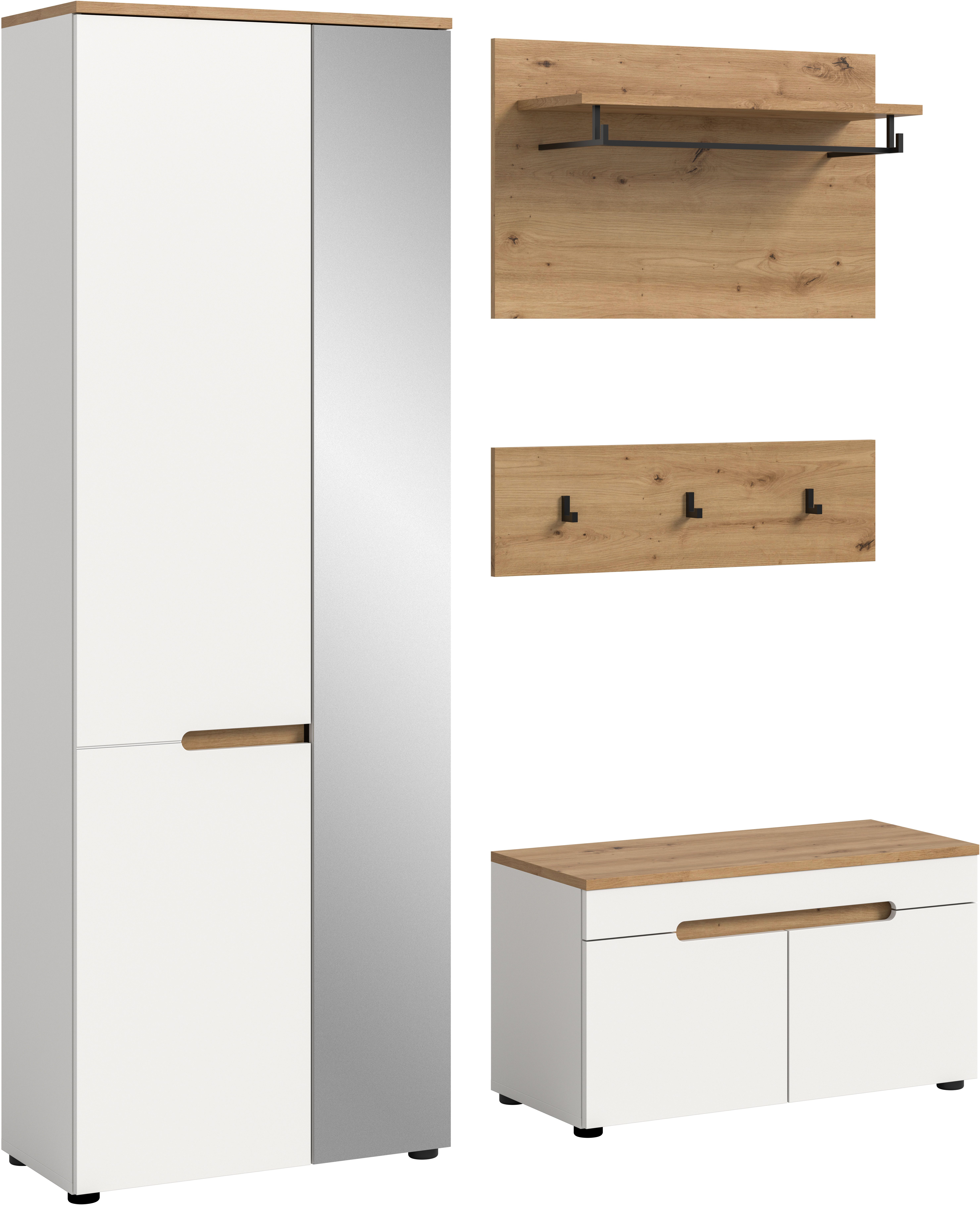 Home affaire Garderoben-Set REHAT, TOPSELLER!, 4-teilig, Breite 160cm, individuell stellbar, (Set, 3-St., bestehend aus: Garderobenschrank, Sitzbank, Paneel, Hakenleiste), Garderobenkombination, Kombination, Set, Flurgarderobe, Diele
