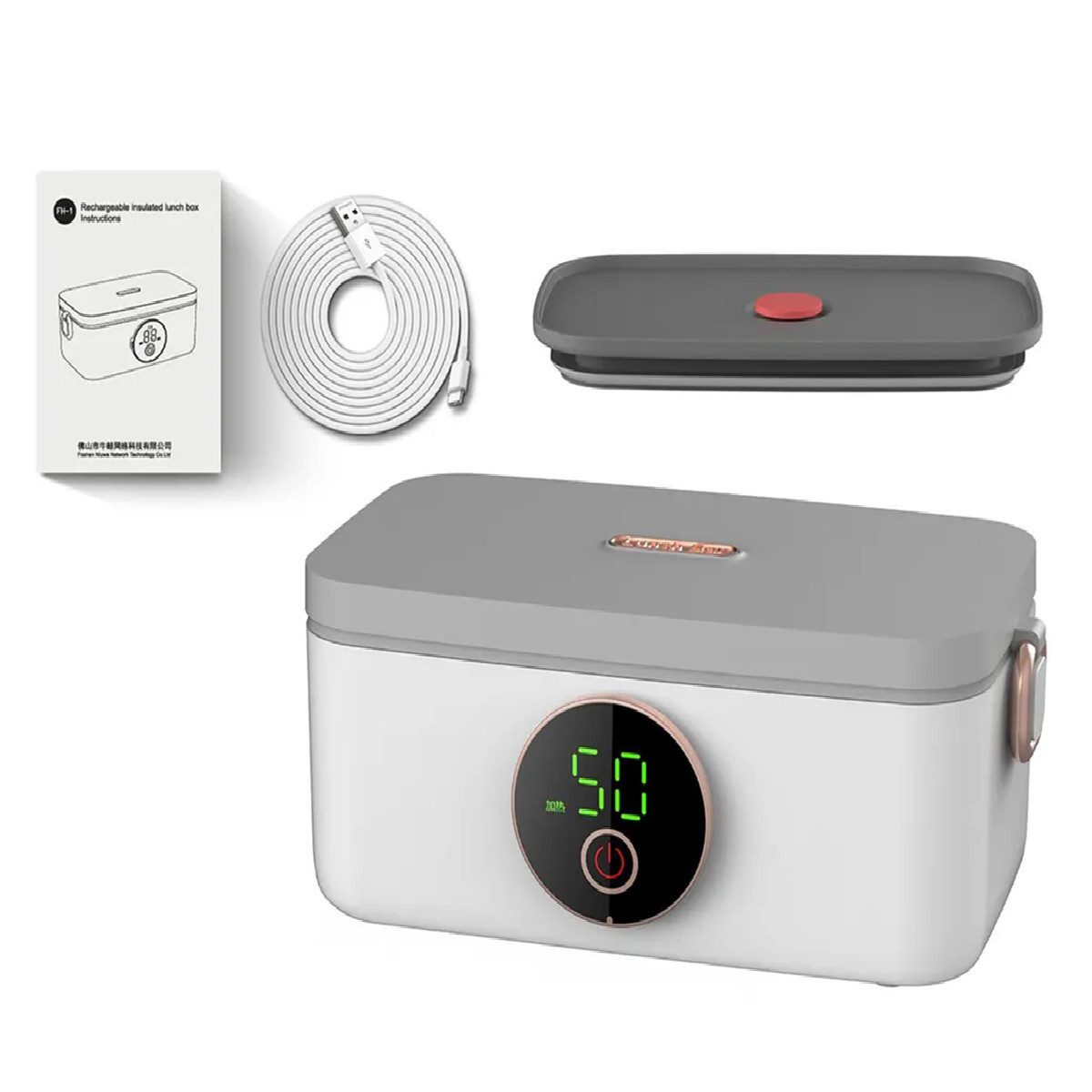 Novzep Elektrische Lunchbox 1000 ml Lunchboxen 16000 mAh Elektrische Lunchbox LED-Anzeige, (Leicht zu reinigender, unabhängiger Liner, Warmhalten, Heizzeit einstellbar), Kabellos, kein Wasserbefüllen, kein Strom erforderlich