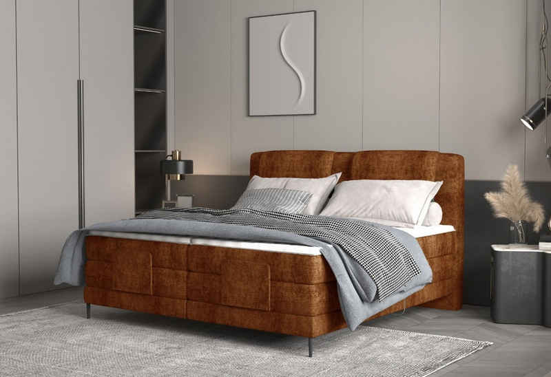 Sofa Dreams Boxspringbett Stoffbett Calais Webstoff Braun 180x200 cm Komplettbett Modern Bett, mit Topper, zwei Matratzen, elektrisch verstellbarer Liegefläche