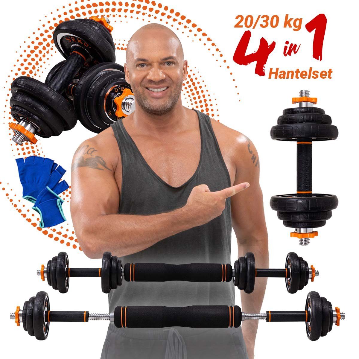 Miweba Sports Hantel-Set Premium FED 4in1 Hantel Set inkl. Transportkoffer - 20/30 kg, (Hantelstangen, Gewichte, Verbindungstück, Sternverschlüsse, Gummibezüge, Trainingshandschuhe, Stahl, kreuzgerändelter Griff, rutschfest, Multifunktionshantel, schwarz / orange, Krafttraining, Muskelaufbau, Sport, Workout, Training), Fitness Kurzhanteln Langhantel Hantelscheiben Gewichte