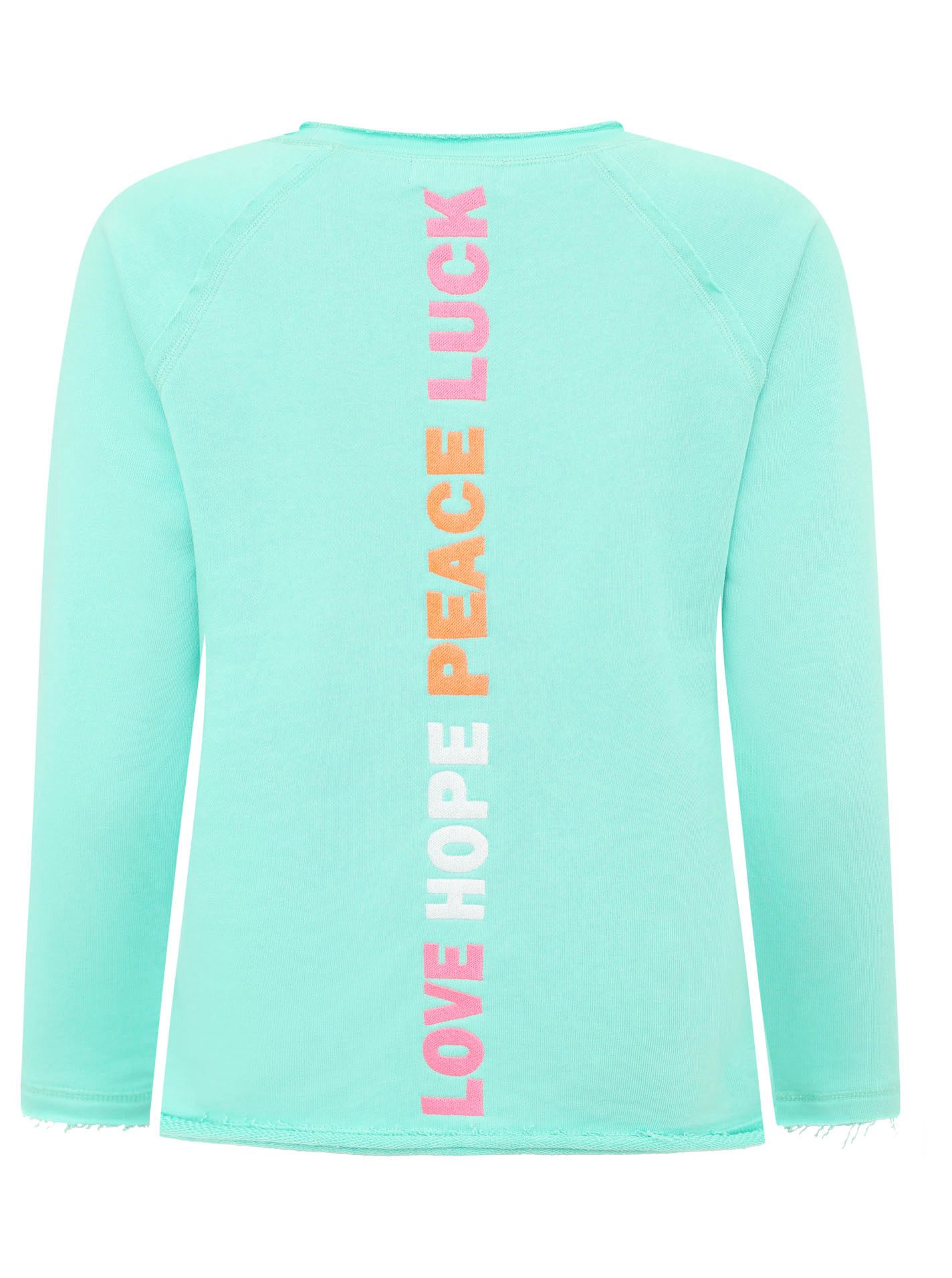 Zwillingsherz Sweatshirt "Love Smile Luck" mit Used-Look Kanten und Stickerei vorne und hinten – Bild 4 von 5