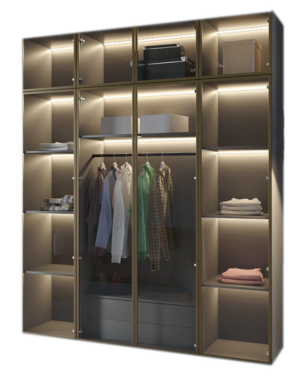 Compleo Drehtürenschrank mit Glasfront, Pefekt Garderobe, LED-Beleuchtung STELLS Kleiderschrank mit Aufsatz und Schubladen
