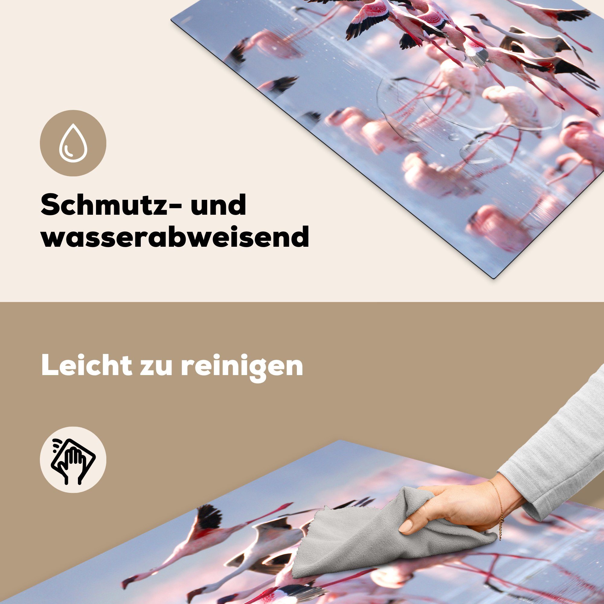 MuchoWow Herdblende-/Abdeckplatte Rosa Flamingos auf Induktionskochfeld für Vinyl, cm, die Schutz 81x52 Wasser, küche, Ceranfeldabdeckung (1 dem tlg)
