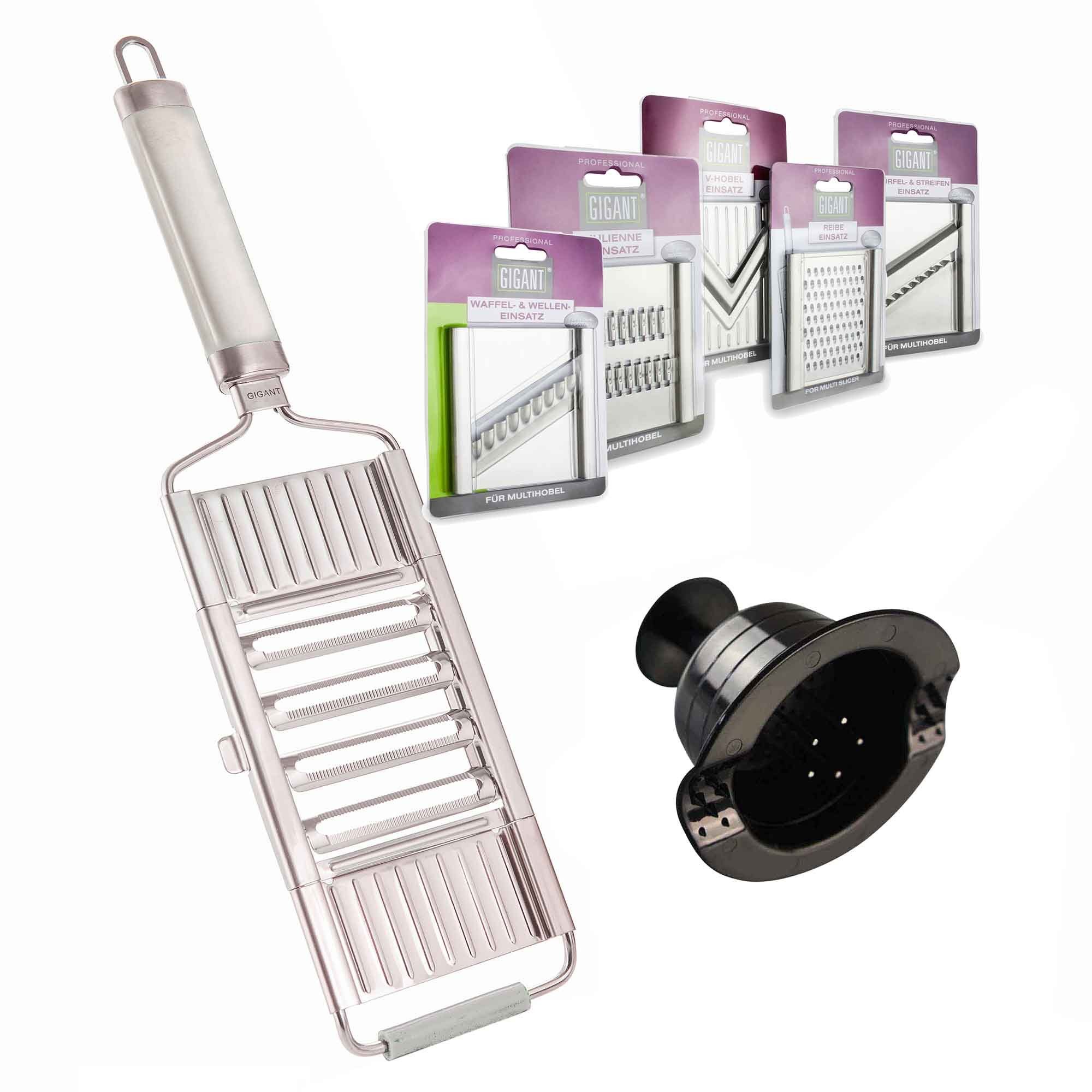 Muxel Gemüsehobel Gigant 4-fach Gemüsehobel mit 5 zusätzlichen Einsätzen Edelstahl, Edelstahl, (4-fach Hobel, 7-St), Zackenklinge schneidet in beide Richtungen