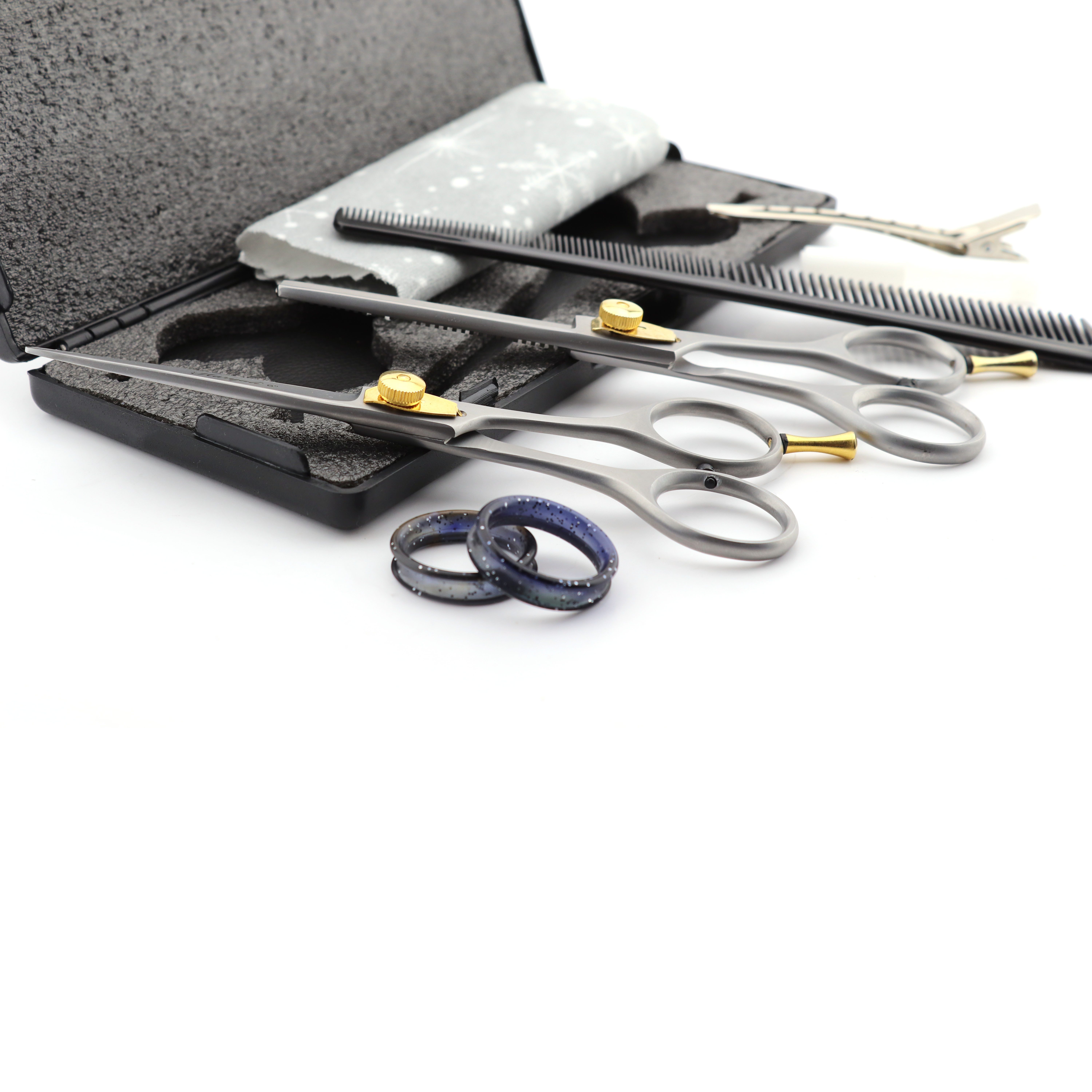 Haryali London Haarschere Perfektes Friseur-Haarscheren-Set Schneiden und Ausdünnen mit Zubehör, (1x Pair, 2-tlg., 1x Schneideschere, 1x Effilierschere, 1x Kamm, 1x Öl, 1x Box), Bestens geeignet für professionelle Friseur- und Kosmetikscheren
