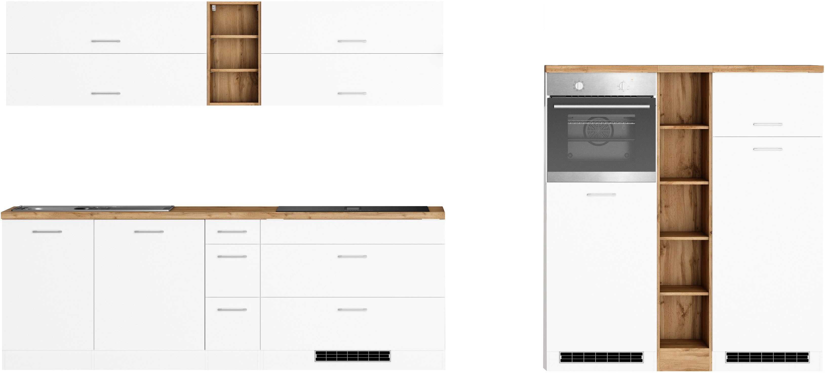 KOCHSTATION Küchenzeile KS-Milan, optional mit Muldenlüfter, Breite 390 cm, wahlweise mit E-Geräten, Kochfeld mit Dunstabzug