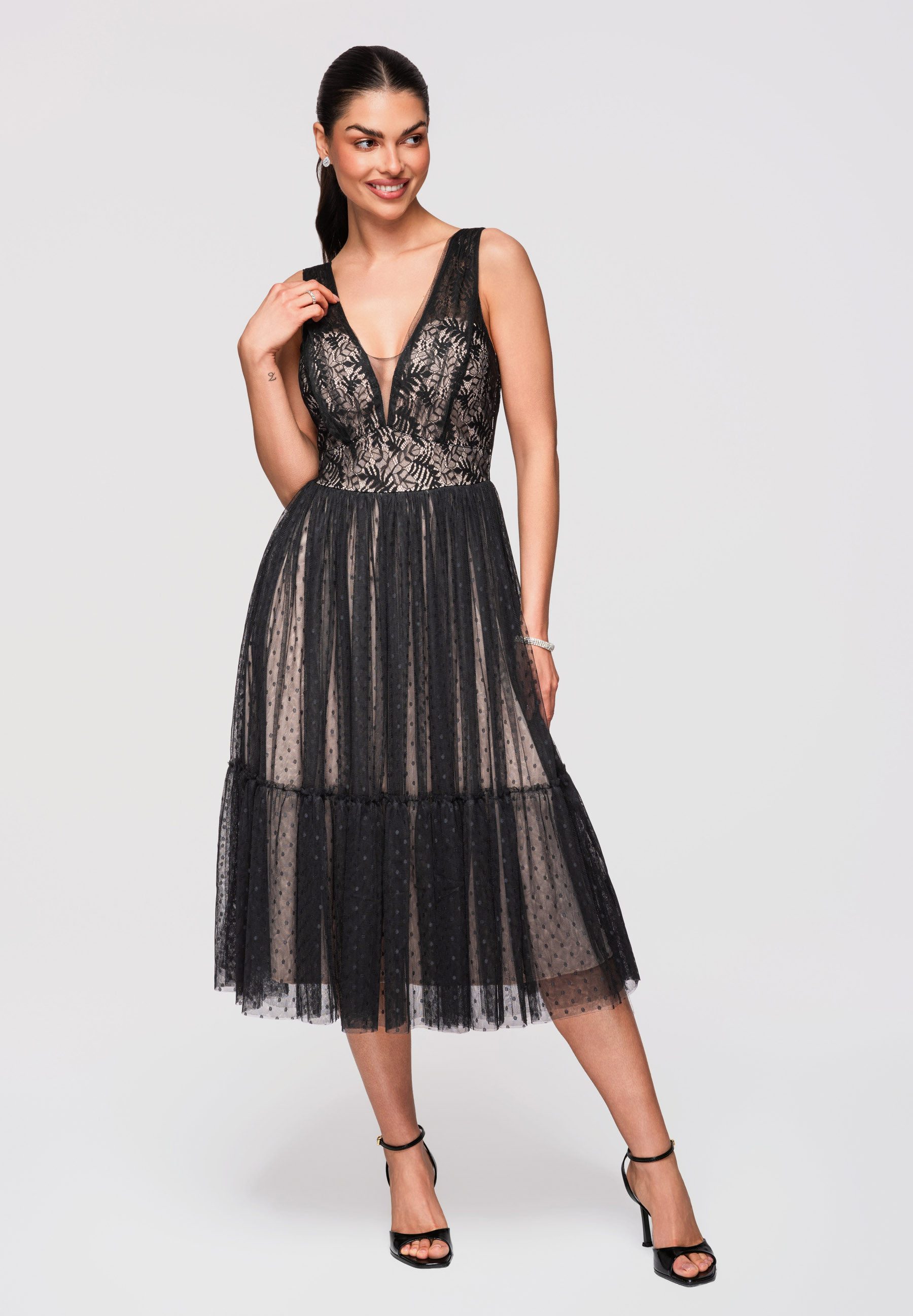 OMBRE Abendkleid Damen Midikleid Spitze Tüll A-Linie Schwarz M (kein Set, 1-tlg) Transparente Einsätze, mehrlagiger Rock