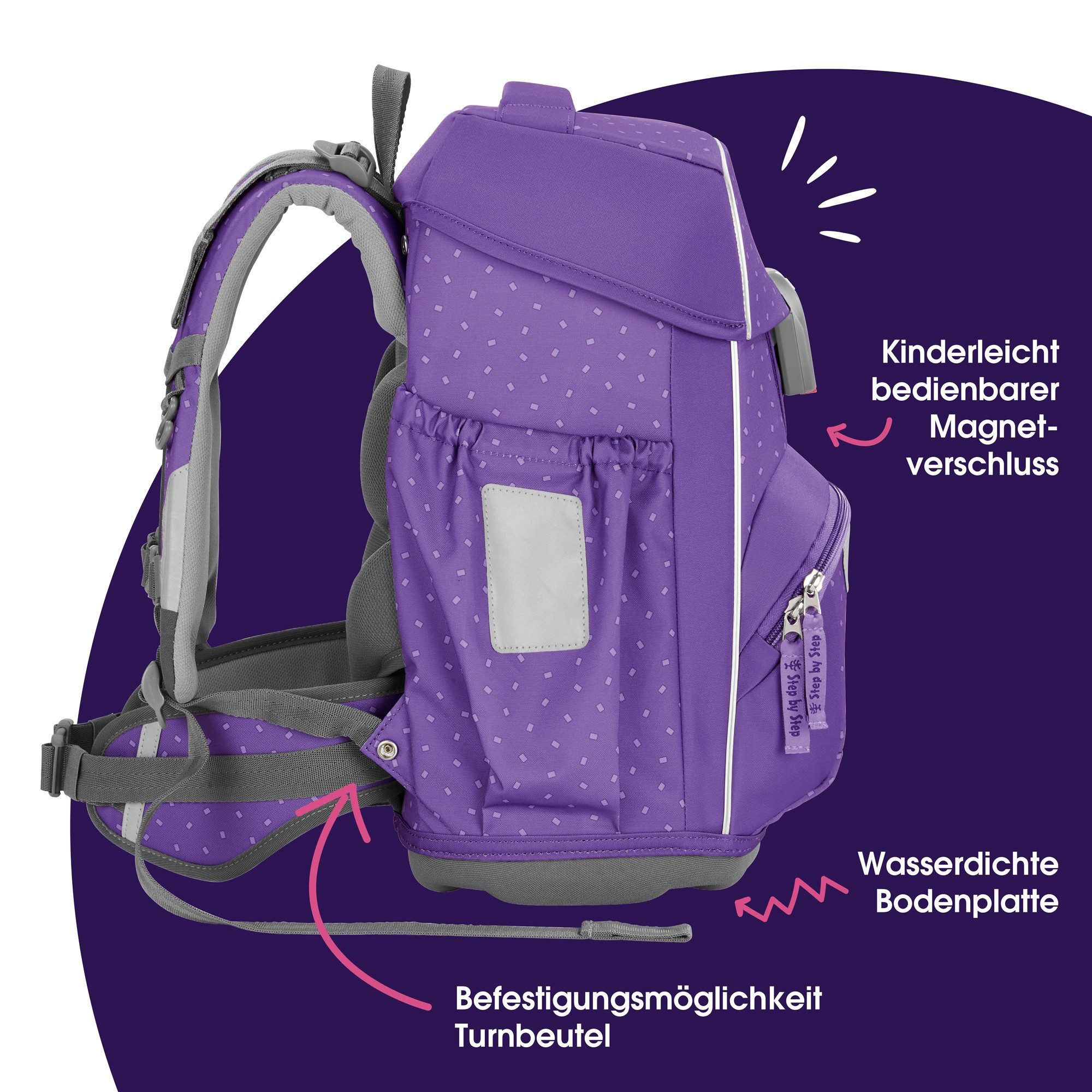 Step by Step Schulranzen BASIS „Purple Konfetti“, 7-teilig, lila (4-teilig, 7-tlg)