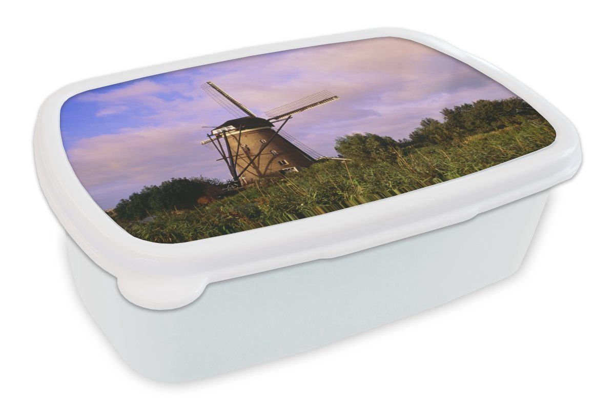 MuchoWow Lunchbox Mühle für rosa Wolken in Kinderdijk, Kunststoff, (2-tlg), Brotbox für Kinder und Erwachsene, Brotdose, für Jungs und Mädchen weiß