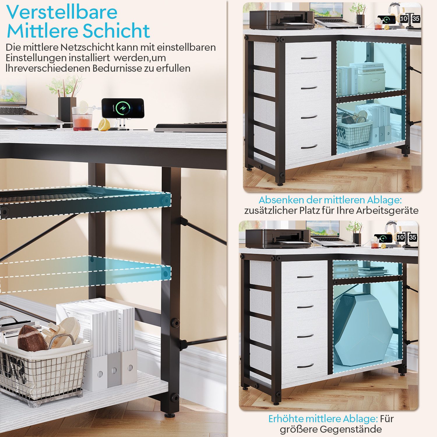 HOMALL Eckschreibtisch 100/120L Form mit Ablagefächern, 2 Tier DIY Lagerregalen Computertisch (Verfugt ber ver Schubladen eine Haupteinhert Halterung verstelbar – Bild 5 von 5
