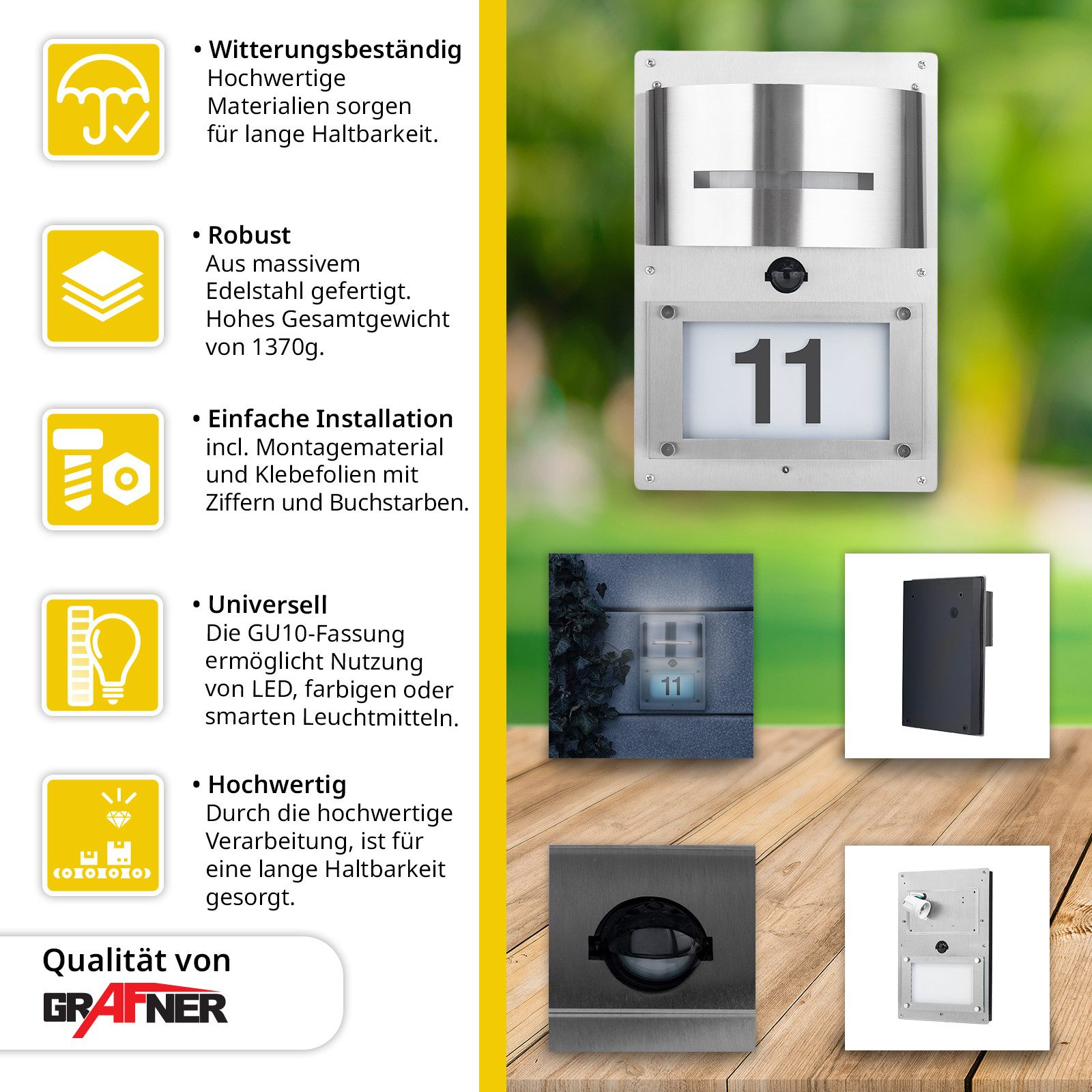 Grafner Außen-Wandleuchte Wandlampe mit Bewegungsmelder Edelstahl Hausnumme günstig online kaufen