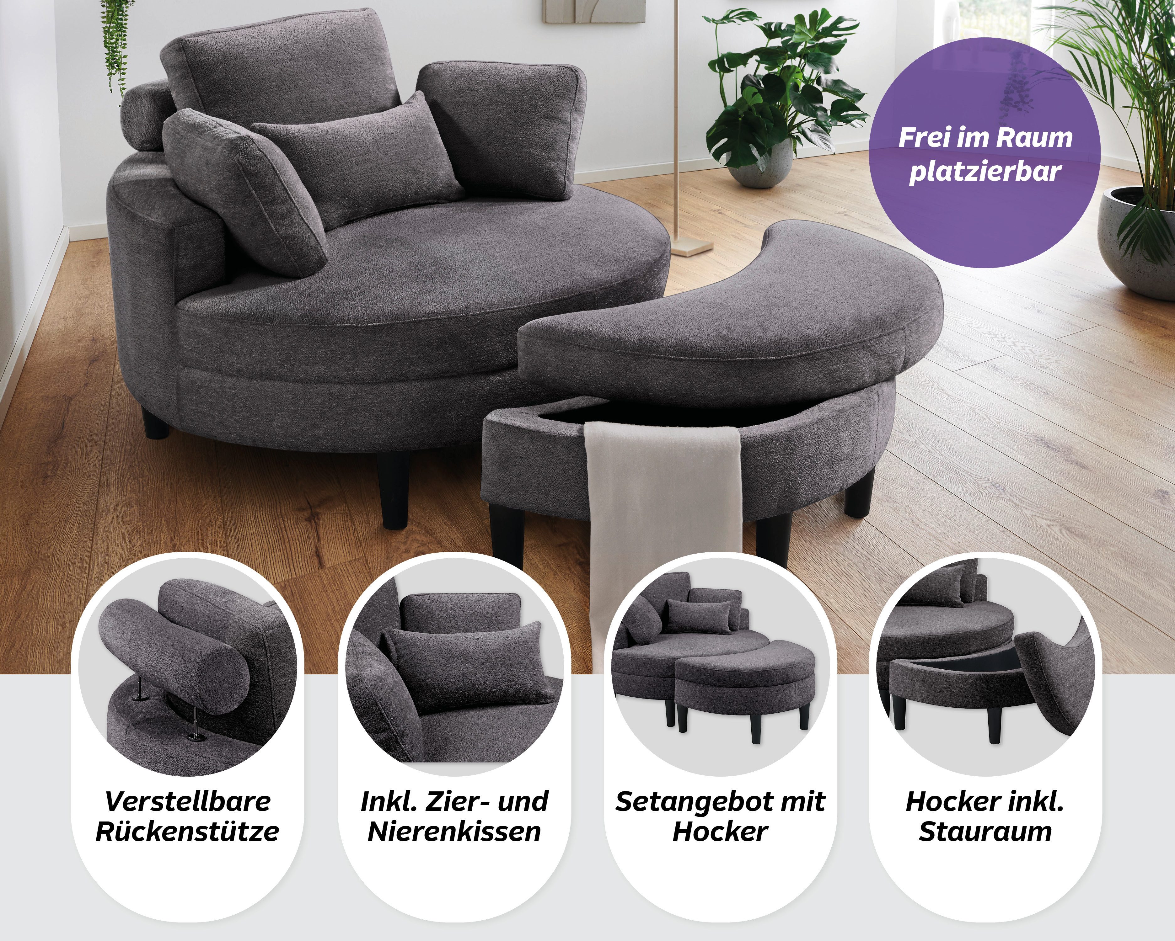 ATLANTIC home collection Loveseat Ravi Sessel, B: 114 cm, Sitzhöhe: 42 cm, XXL- Sessel, mit Stauraumhocker, Rückenstütze & 4 Zierkissen