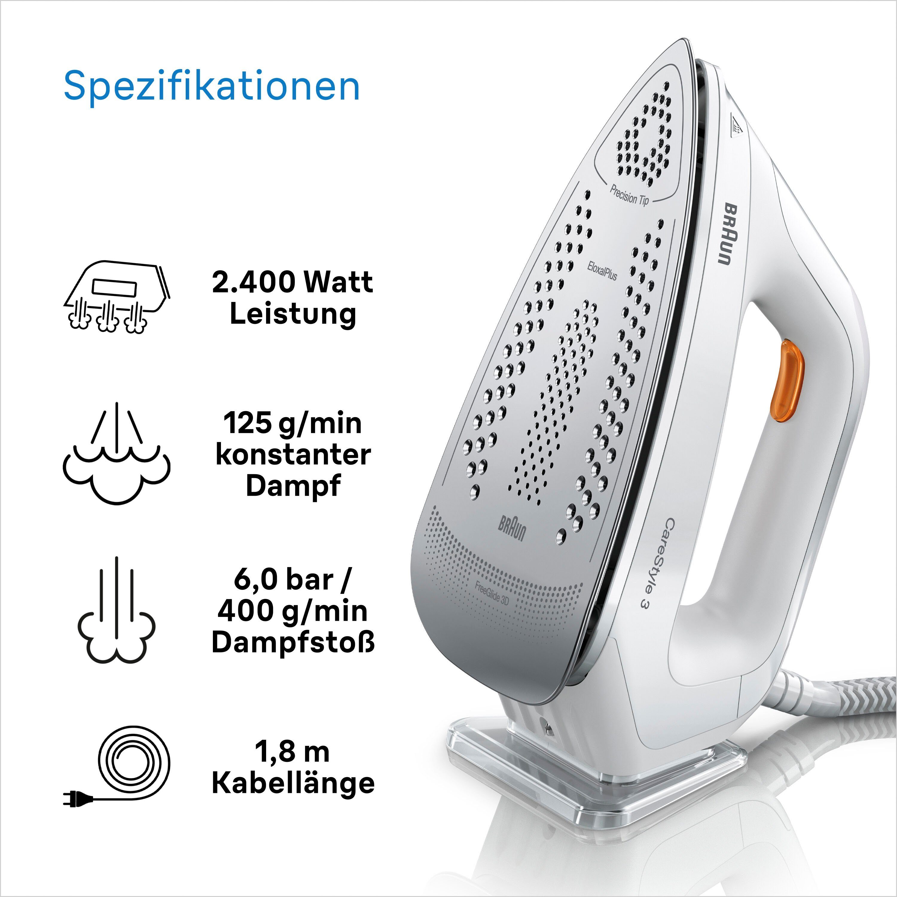 Braun Dampfbügelstation CareStyle 3 IS 3132 WH - 6,0 bar, 400 g Dampfstoß, 2,0 l Wassertank, 2000 ml Wassertank, 120 g Dampfmenge, EloxalPlus Bügelsohle, Easy CalcClean Entkalkung