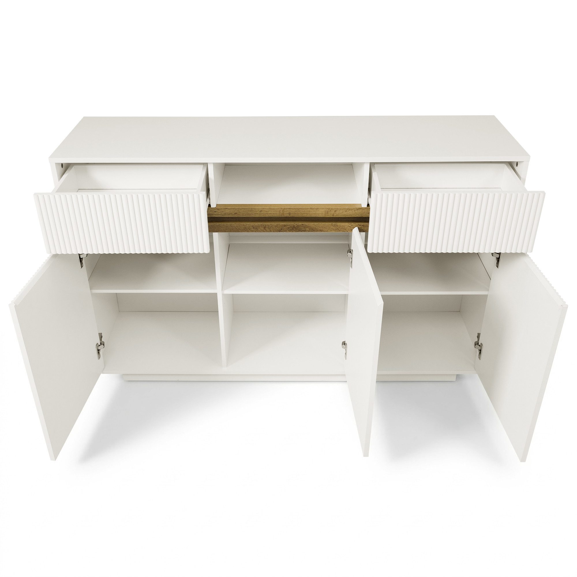 Flieks Kommode mit LED-Beleuchtung, 2 Schubladen und verstellbaren Einlegeböden (140x40x85 cm, 1 St., für Wohnzimmer/Arbeitszimmer/Flur/Schlafzimmer), Multifunktionaler Mehrzweckschrank Sideboard Küchenschrank Weiß