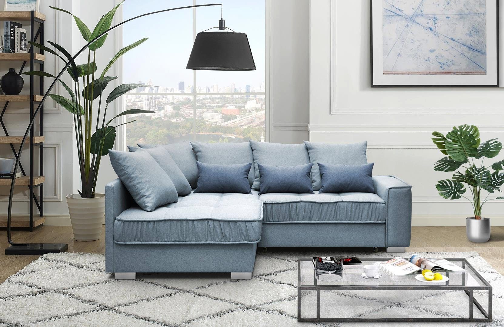 Beautysofa Polsterecke Modern Eckcouch Couch Ralf mit Bettkasten und Schlaffunktion Sofa Blau (rino 73 + rino 79)