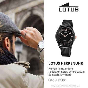 Lotus Quarzuhr Lotus Herren Armbanduhr Smart Casual, (Analoguhr), Herrenuhr rund, groß (ca. 40mm) Edelstahlarmband schwarz