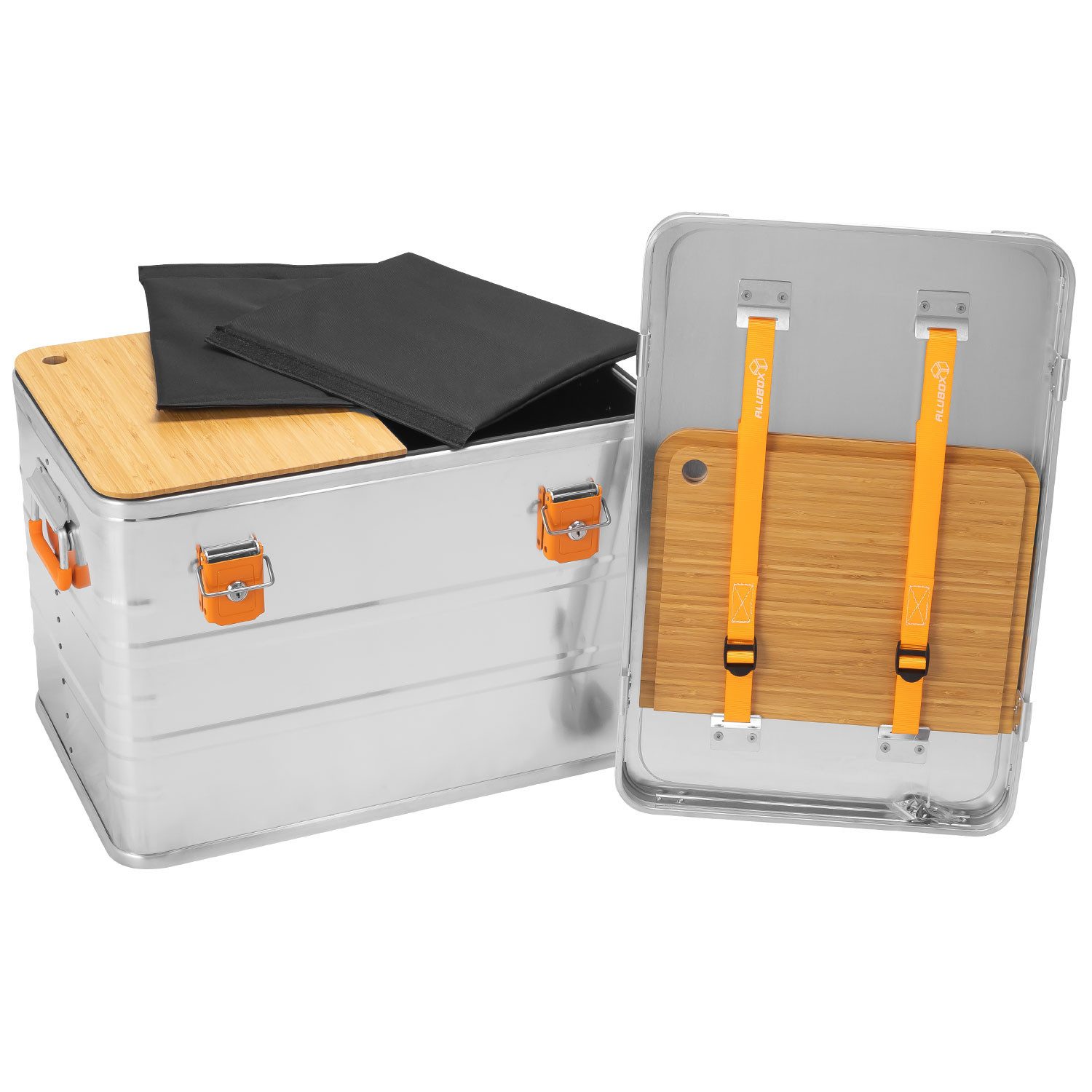 ALUBOX Aufbewahrungsbox Campingküche Campingbox mit Stapelecken (78 Liter), inklusive 2 Schneidbretter