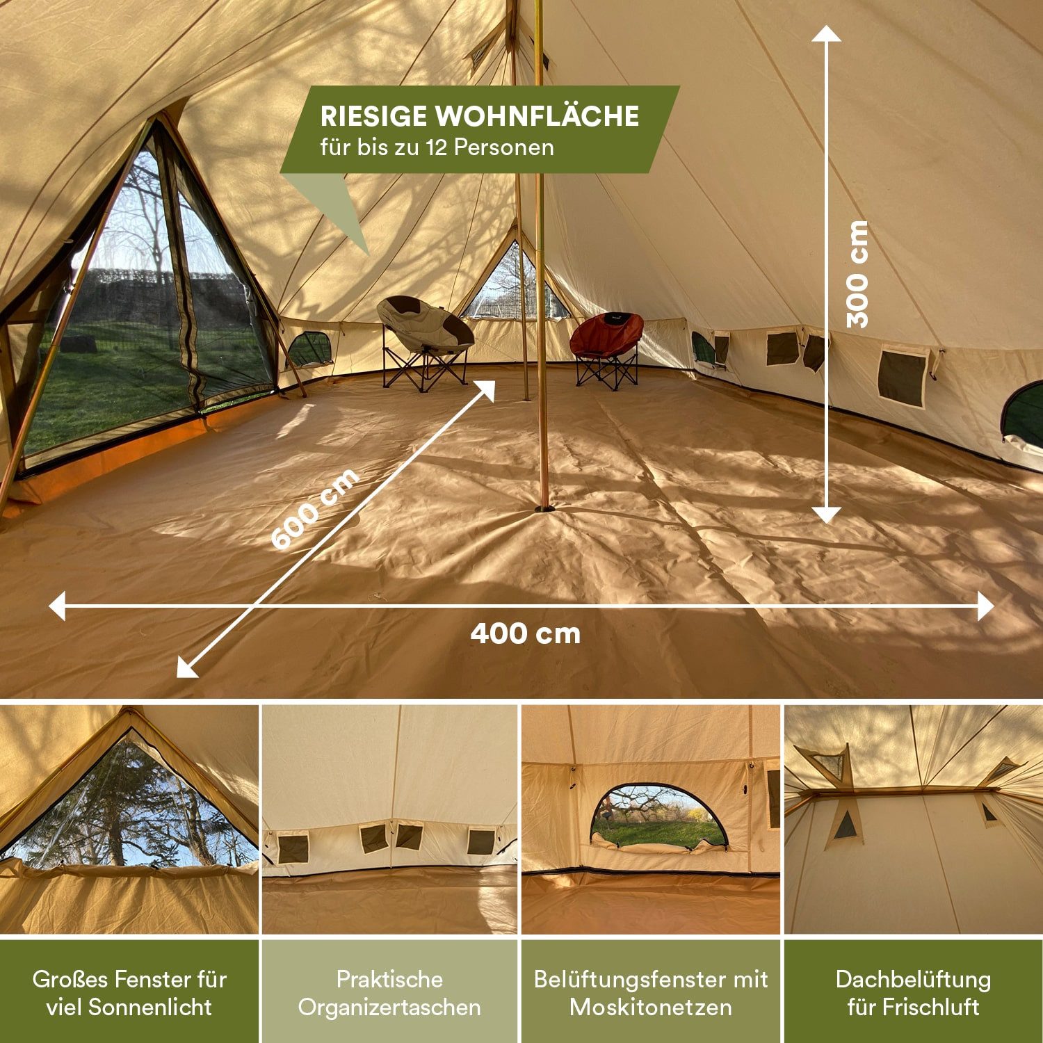 Skandika Tipi-Zelt Freya Gruppenzelt aus Baumwolle, Personen: 12, wasserdicht, Moskitonetze, aufrollbare Seitenwände, Glampingzelt
