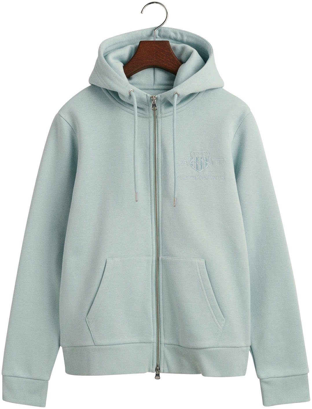 Gant Sweatjacke REG TONAL mit SHIELD turquoise Logostickerei der Brust auf HOODIE dusty ZIP