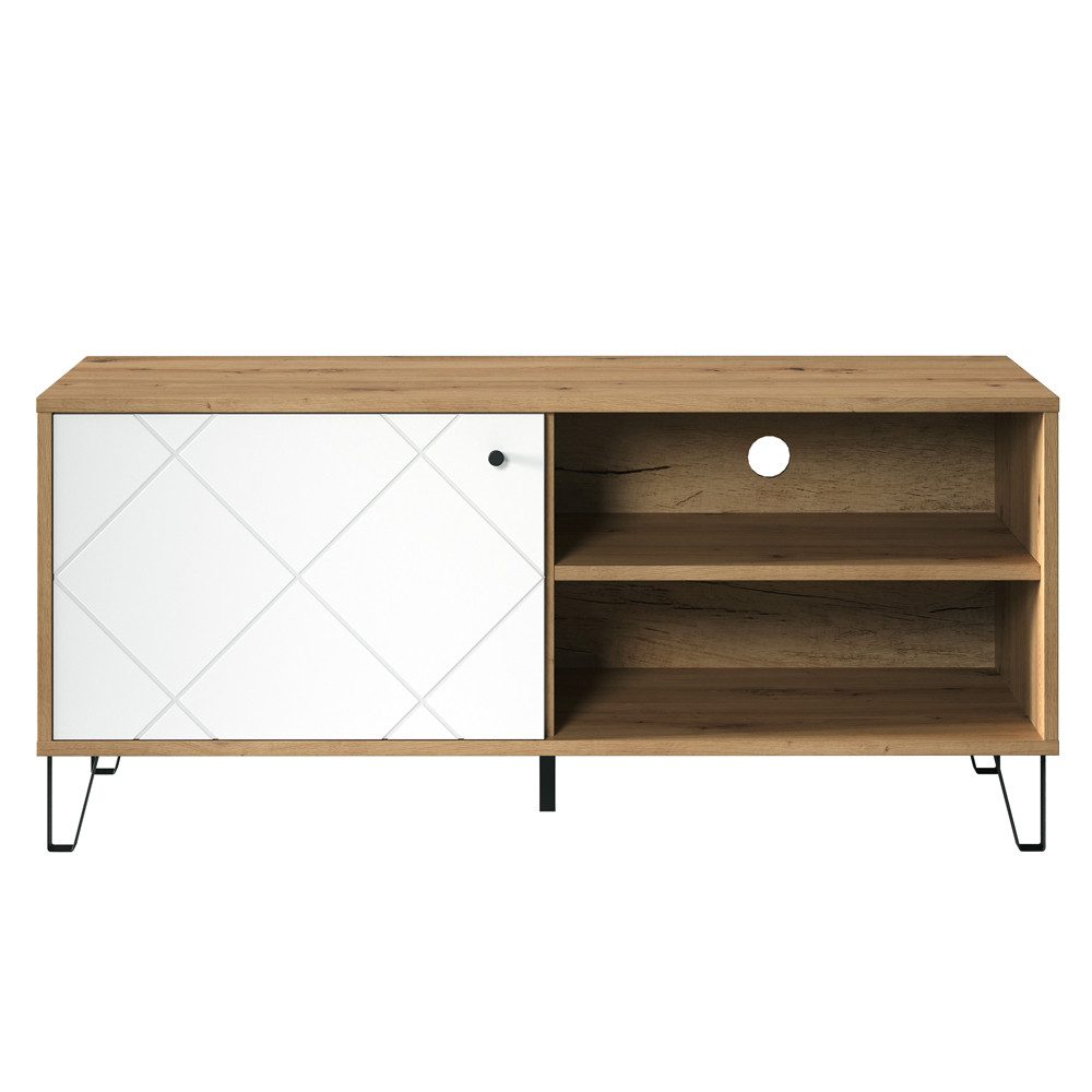 Lomadox Lowboard TORINO-19, TV in Artisan Eiche Nb. mit weiß matt mit Metallfüßen 123/56/40 cm