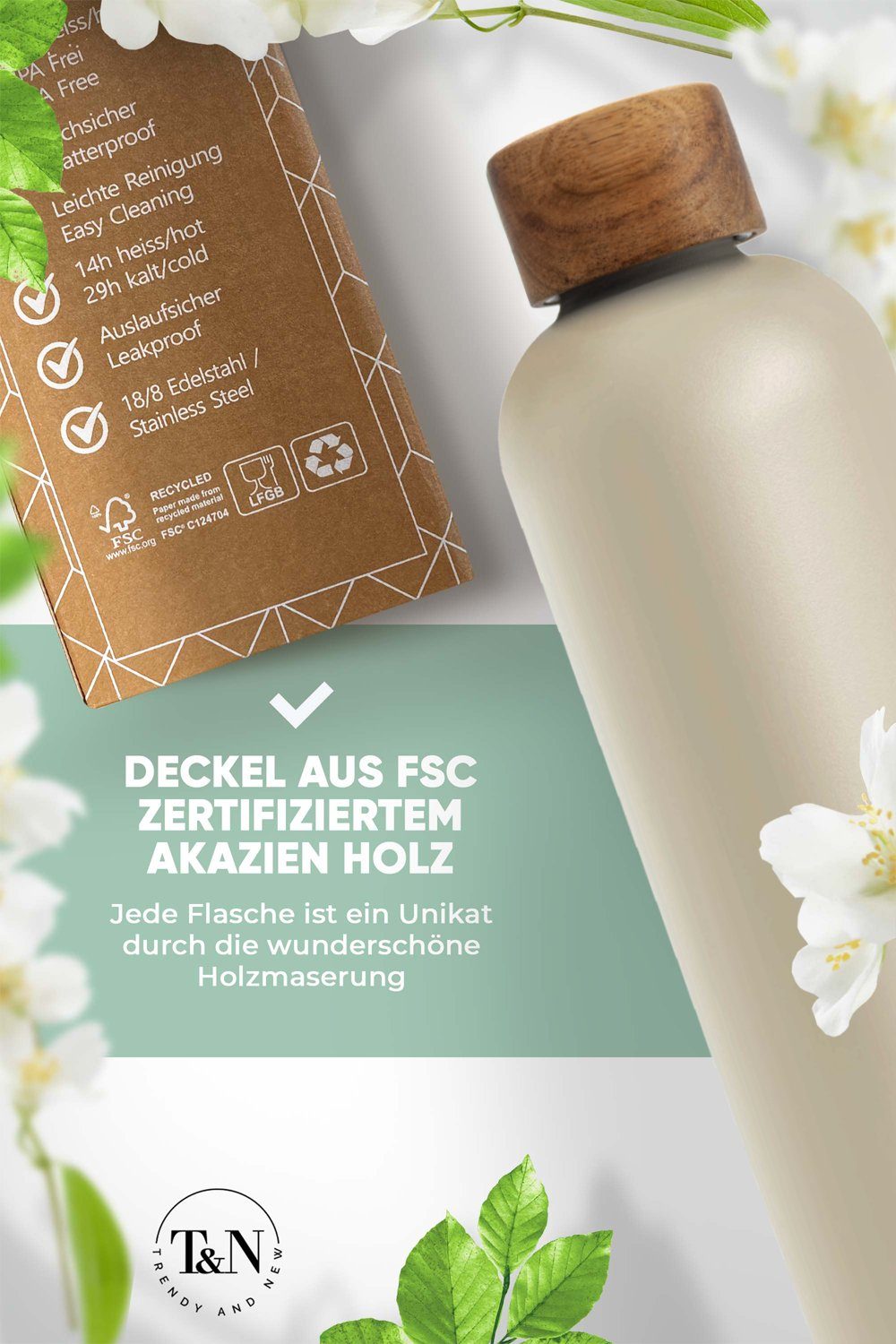 1l für 1 Isolierflasche TRENDY hält unterwegs, Edelstahl Flasche für Trinkflasche EISKALT, Wasserflasche Trinkflasche NEW 29h Thermoskanne HEISS robuste, isolierte AND Mud T&N Liter 14h Edition, für Kohlensäure, Thermosflasche 1000ml für auslaufsichere, Sprudel-Wasser Tee & für Wood Grey Büro, - Kaffee,