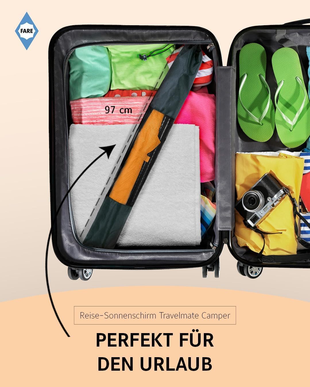 FARE Sonnenschirm Travelmate Camper, Koffertauglich, nur 725g leicht, Lichtschutzfaktor UPF 50+, Regenfest, Fiberglas, 147 cm Durchmesser – Bild 2 von 5