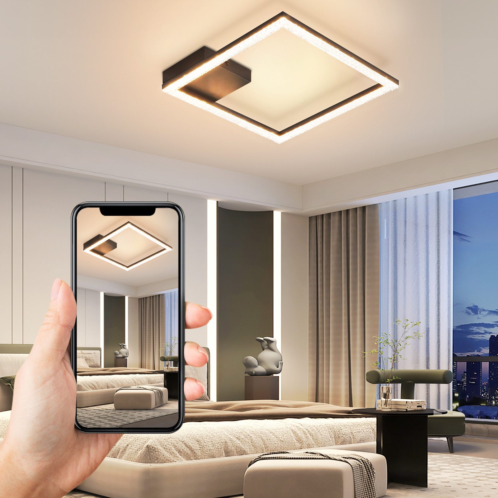 Nettlife LED Deckenleuchte Flur Wohnzimmer Schwarz modern Kristall Deckenlampe 12/24W, LED fest integriert, Warmweiß, Kristalle 12W 30*30*5cm für Wohnzimmer Flu – Bild 2 von 5