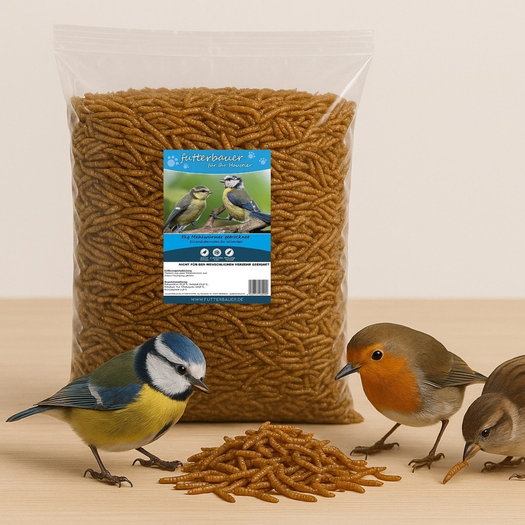 futterbauer 5kg Futterbauer Mehlwürmer getrocknet Futter für Vögel und Nager, für: Vogel