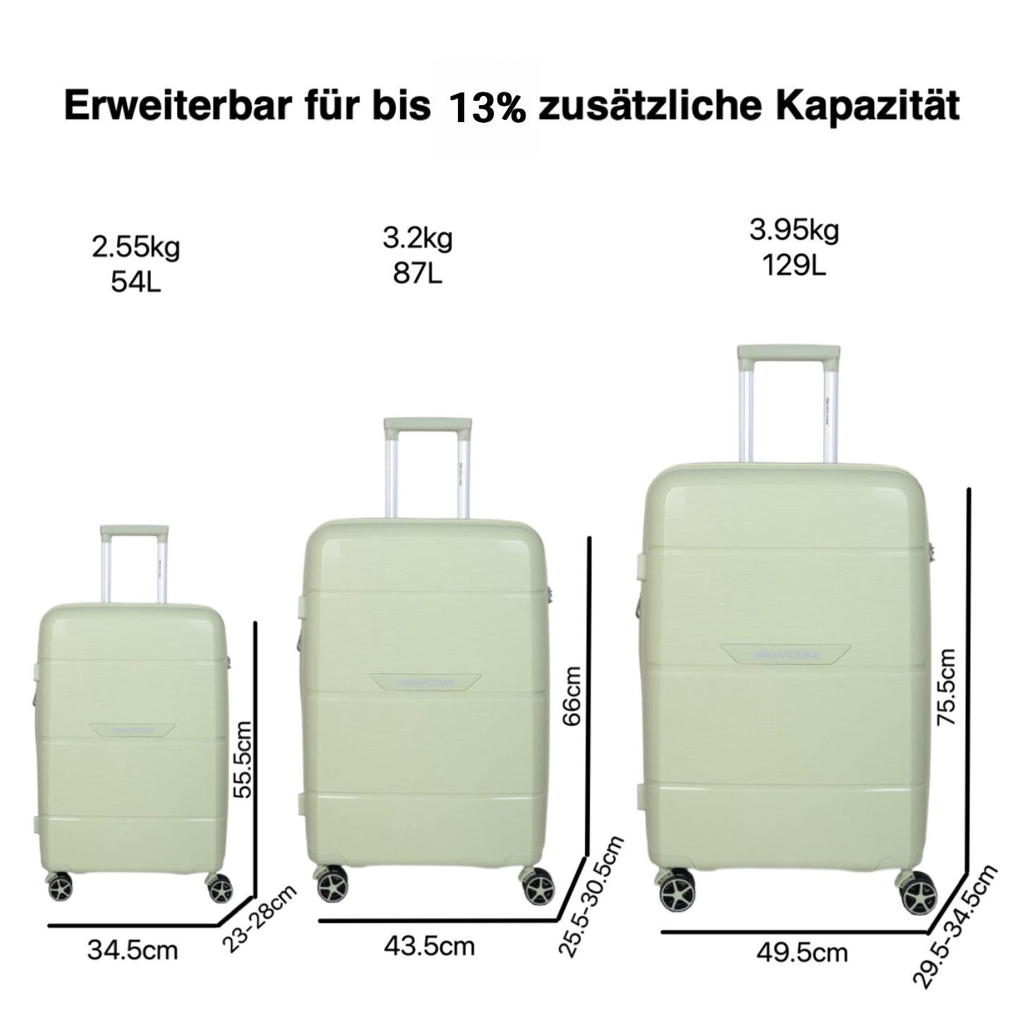 NEWCOM Handgepäck-Trolley Hartschalenkoffer Handgepäck, M/55cm, TSA, Polypropylen, Erweiterbar, 4 Rollen, 360° drehbar, 20Zoll, 54L, Grün, leichter & robuster Reisekoffer