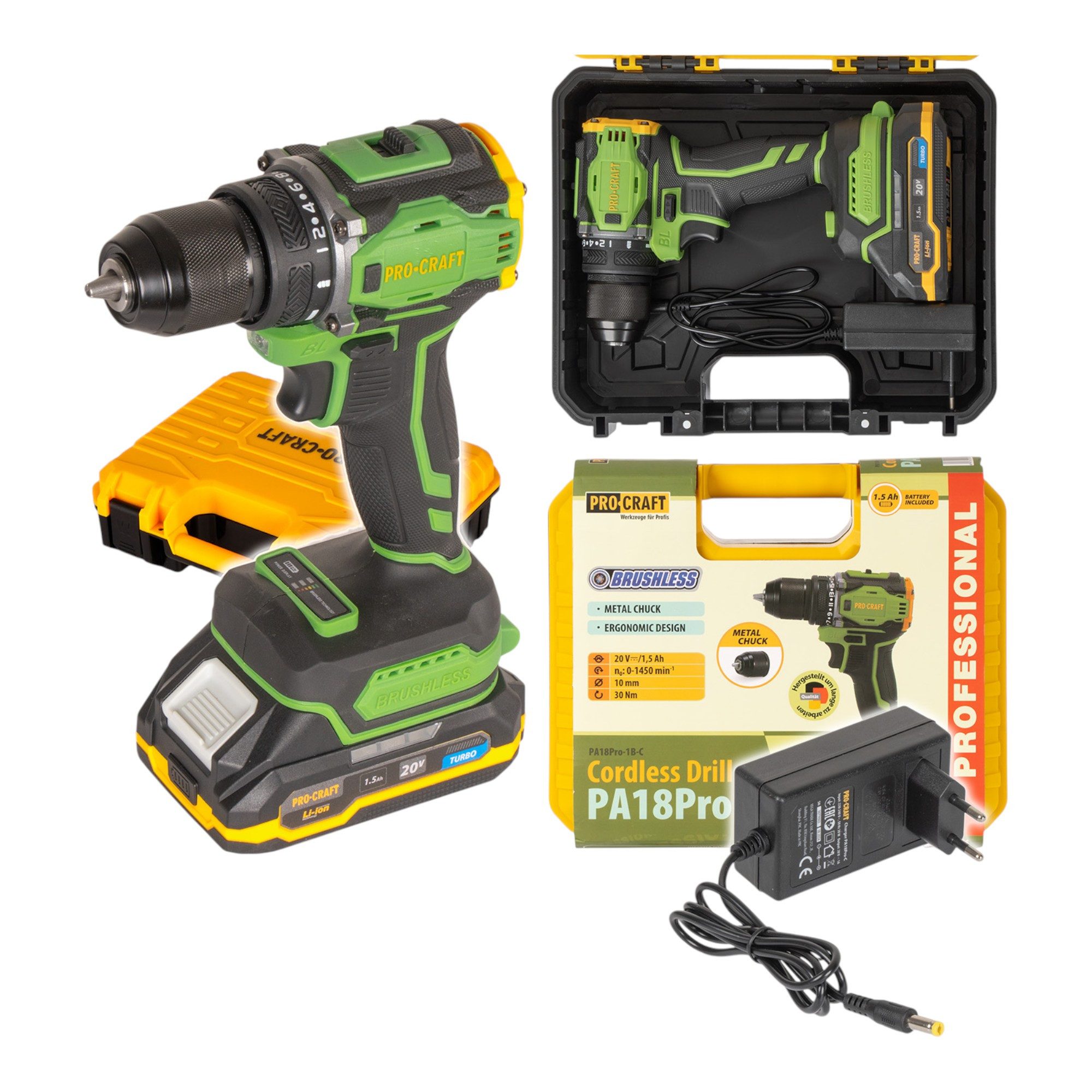 PRO CRAFT Akku-Schrauber PA18Pro 20 V 30 Nm Brushless + 1x Akku 1,5 Ah + Ladegerät + Koffer