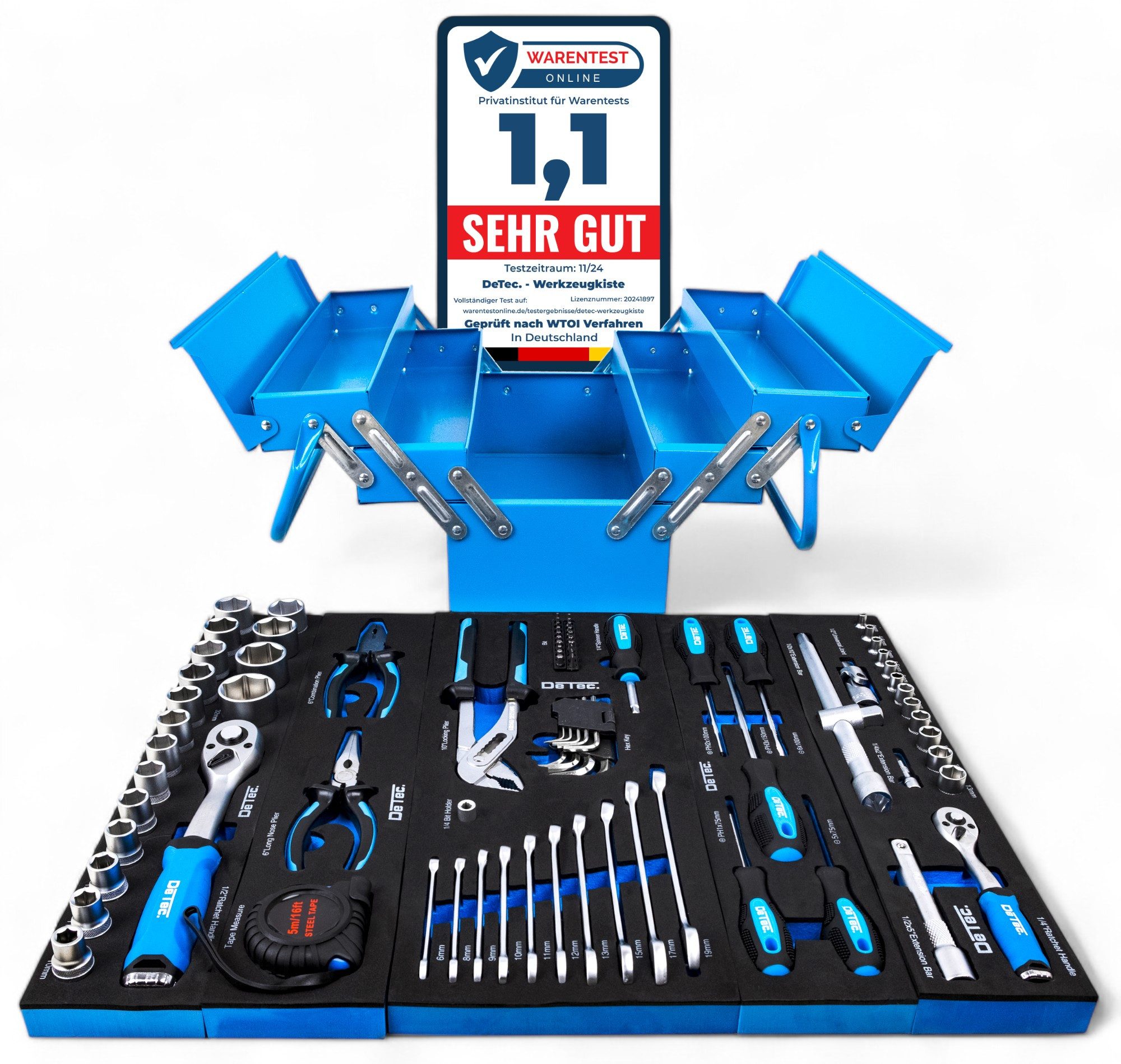 DeTec. Werkzeugbox 86 tlg. zum aufklappen, Werkzeugkiste in blau, Metallwerkzeugkasten, mit Werkzeug