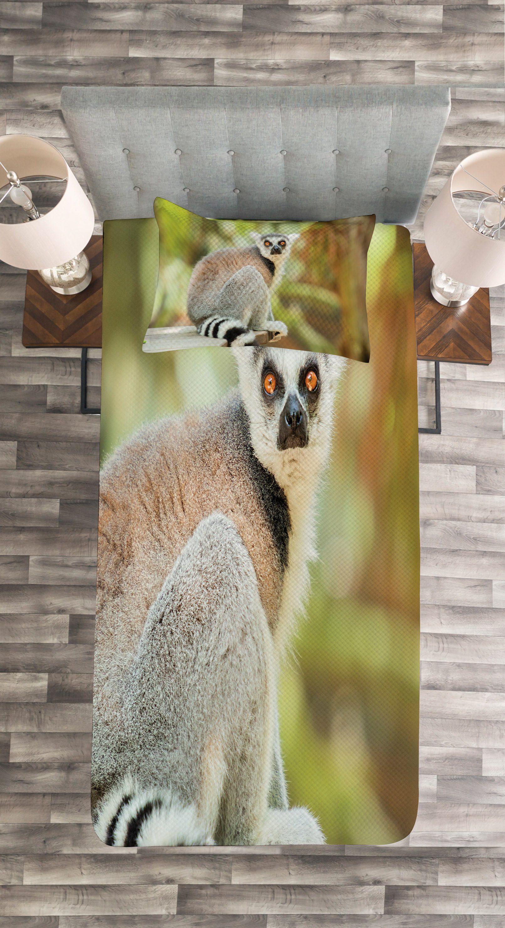 Tagesdecke Set Foto Tier Waschbar, Abakuhaus, mit Lemur Kissenbezügen Säugetier Aperture