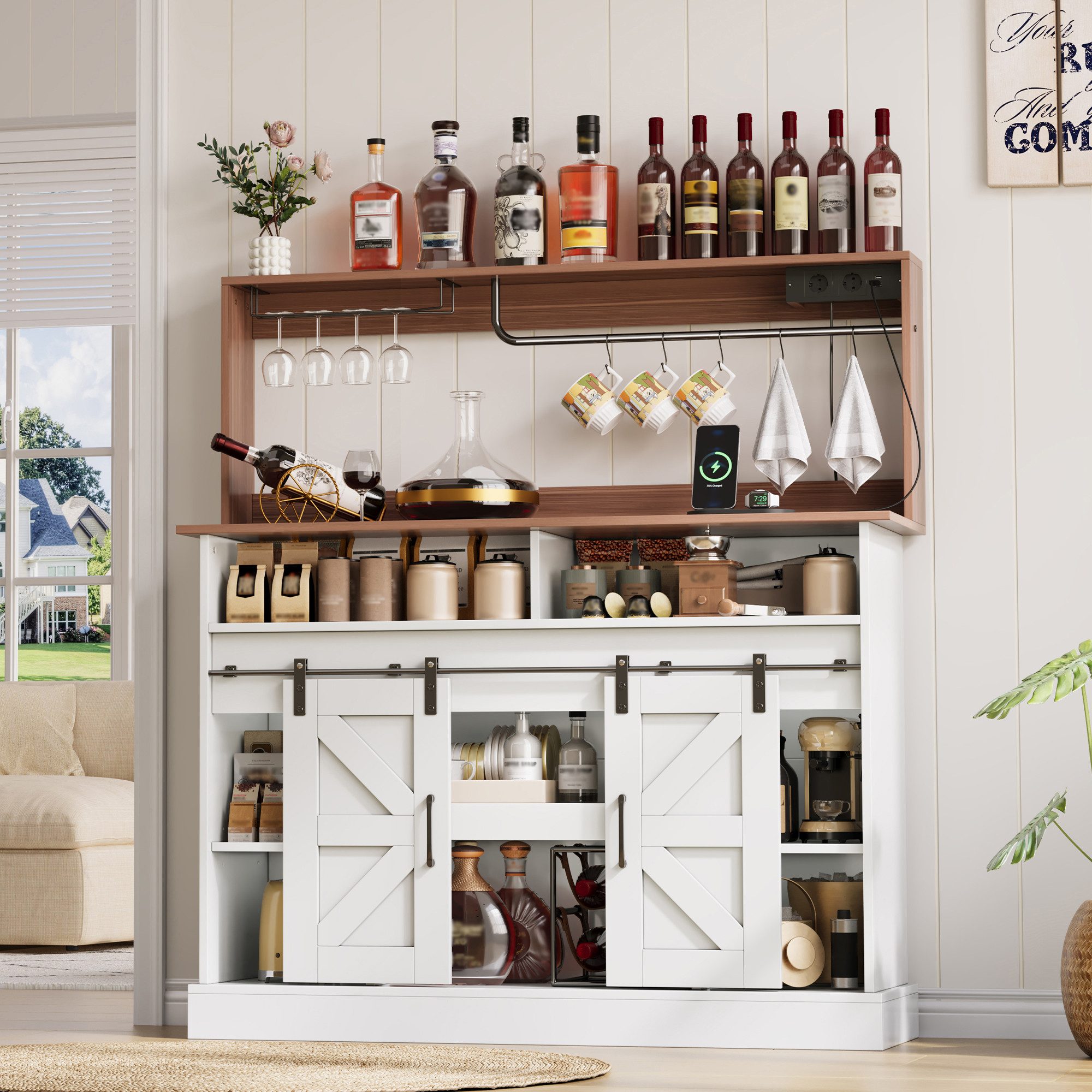 Flieks Küchenbuffet mit Gläserhalter, Haken und Steckdosen (120x40x130 cm, 1-St., mit verstellbarer Einlegeböden) Hochschrank Küchenschrank mit Schiebetüren im Landhausstil Weiß