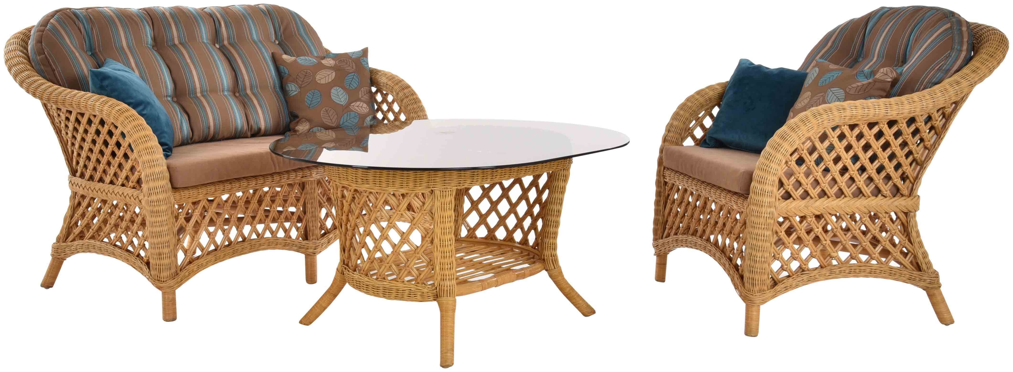 Krines Home Sitzgruppe Set/3 Rattan Sitzgruppe Kiel Rattangarnitur Rattanmöbel (Honig), (3-tlg., 1x Sessel, 1x Zweisitzersofa, 1x Tisch), Rattanset Wintergarten Set