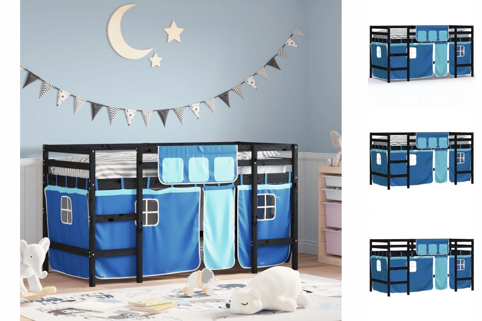 vidaXL Kinderbett Kinderhochbett mit Vorhängen Blau 80x200 cm Massivholz Kiefer
