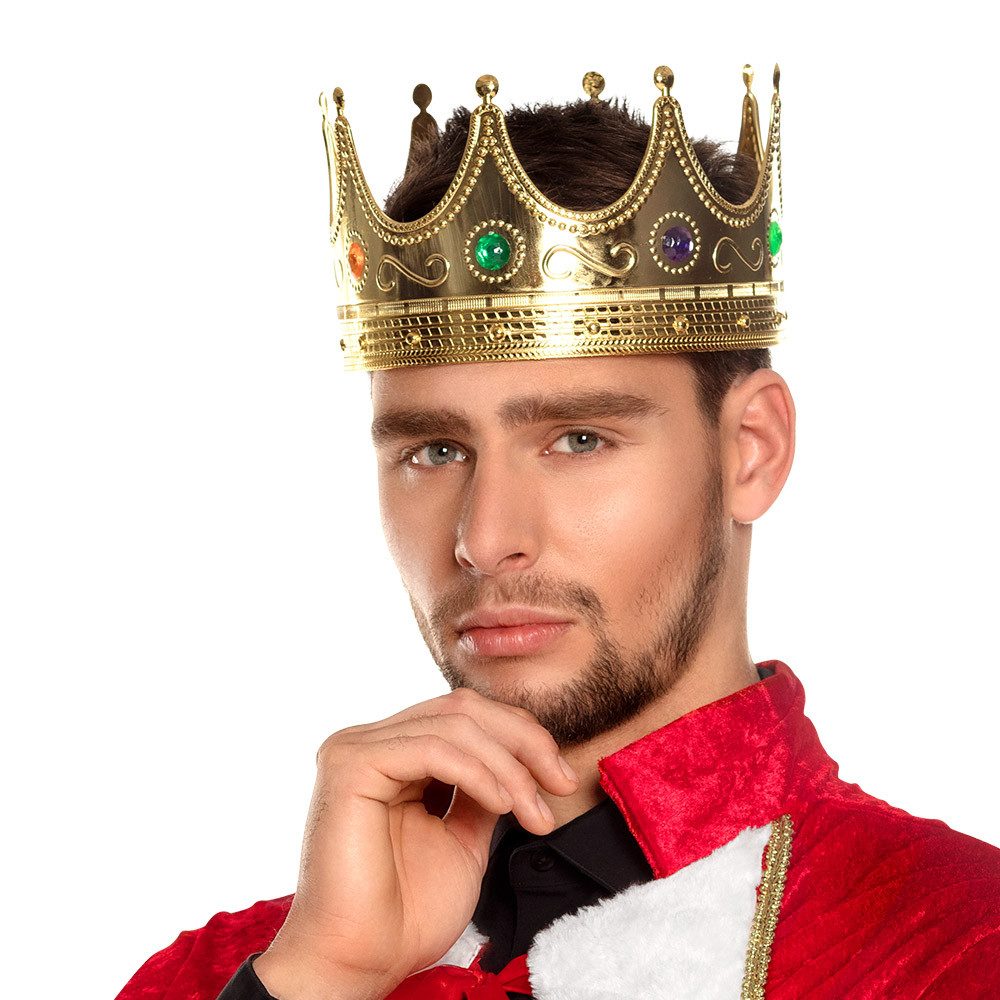Boland König-Kostüm Krone König goldfarbene Krone mit Schmucksteinen Herrscher Karneval, glänzende Oberfläche, gepolsterte Innenseite