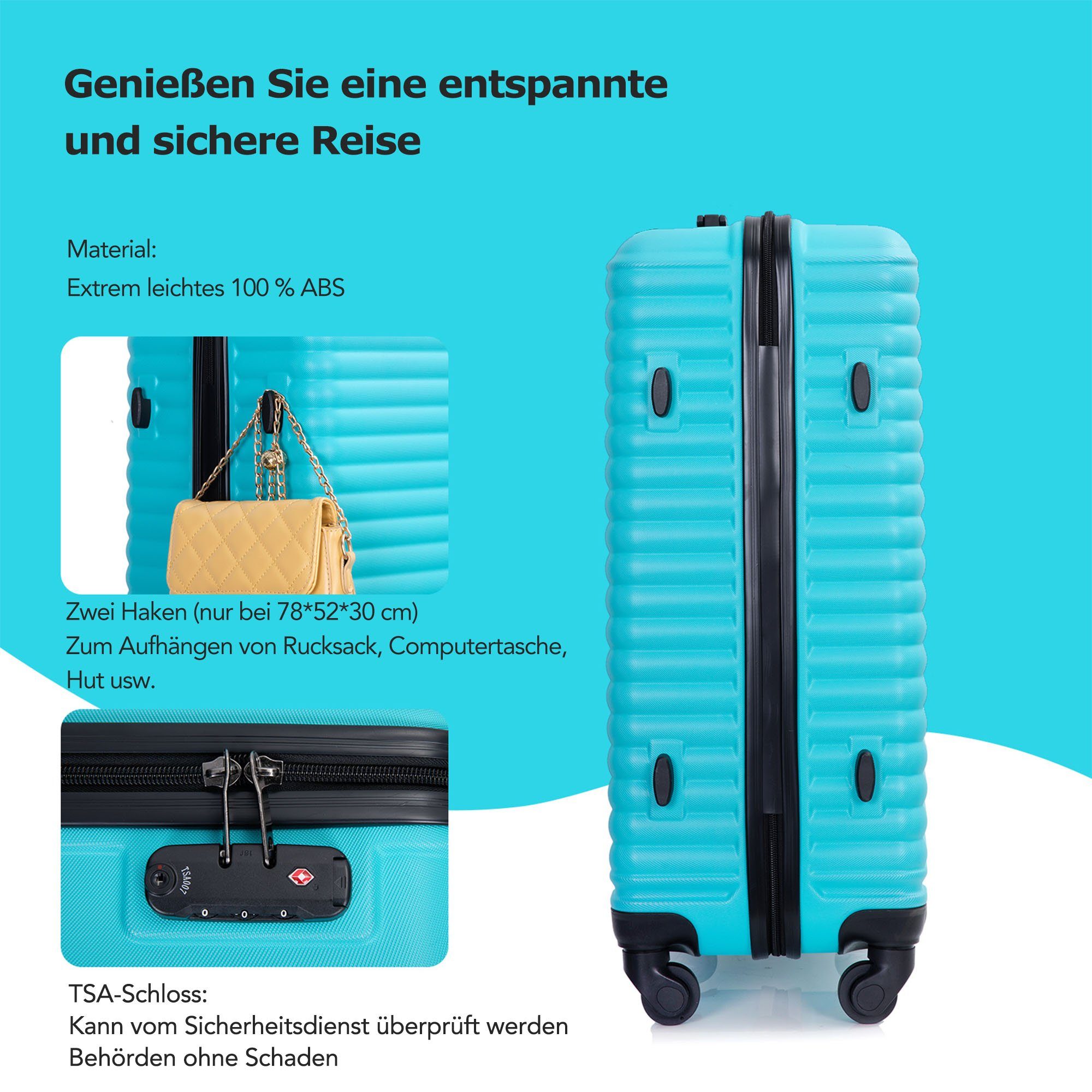 Ulife Trolleyset ABS-Material, Rollen, tlg., TSA mit Kofferset-Reisekoffer, Hartschalen-Trolley (Set, Hellgrün 4 Set), 3 Zollschloss