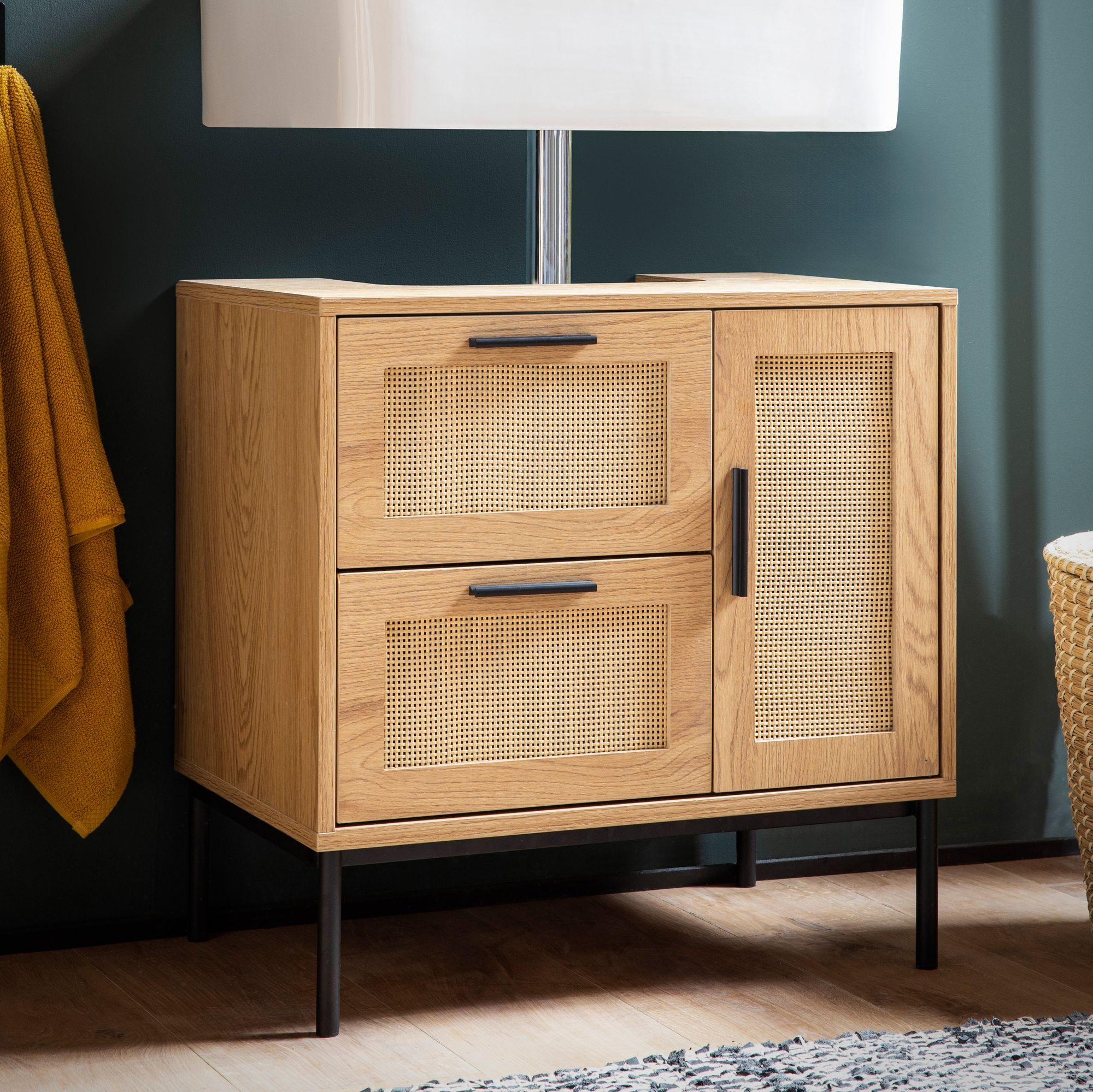 FINEBUY Waschbeckenunterschrank FB103421 Badschrank 60x60x40 cm Unterschrank Eiche (mit Tür und Schubladen Eiche-Optik 60x60x40 cm) Unterschrank Waschbecken, Waschtisch Midischrank