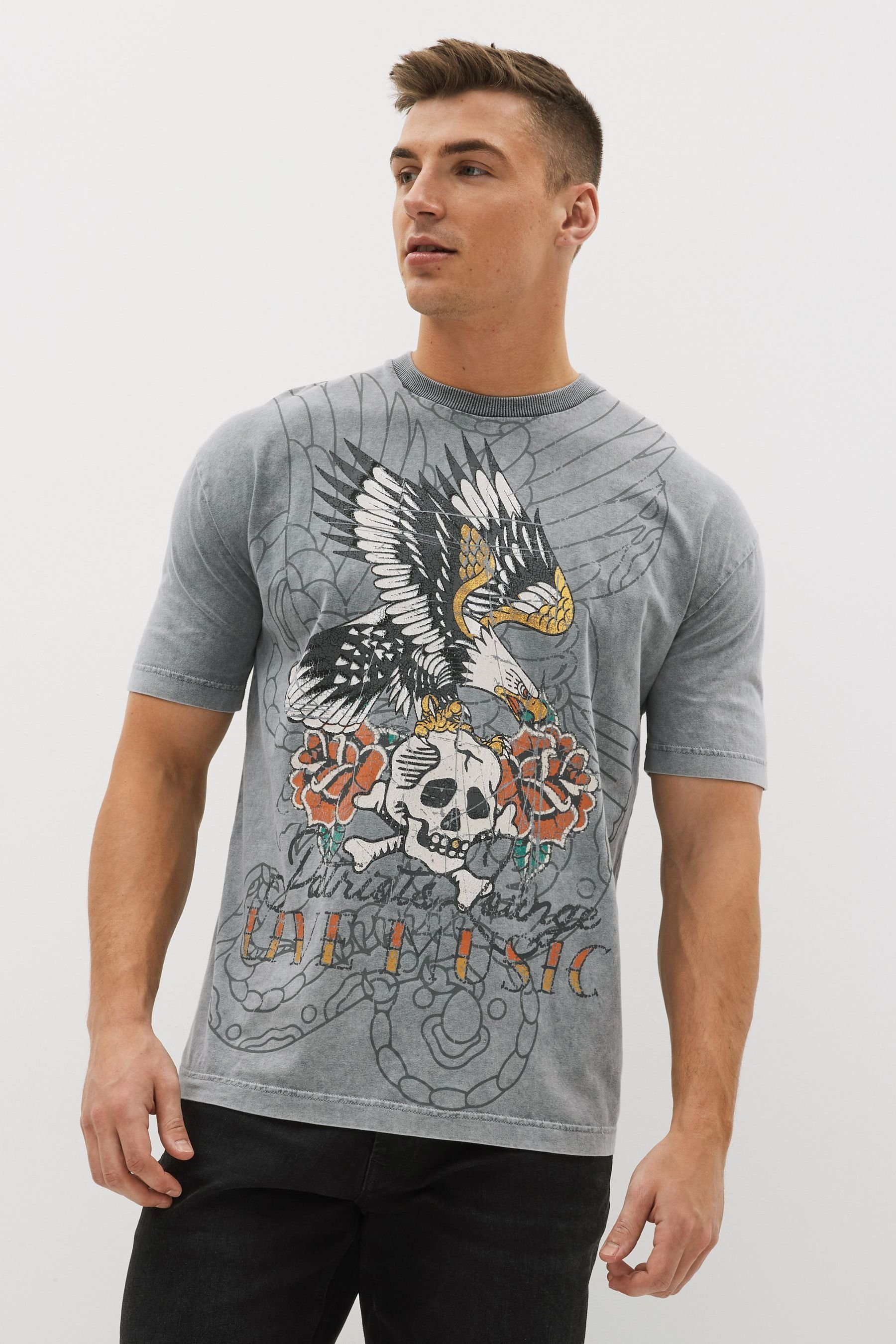 Next Print-Shirt Grey Fit Relaxed Gemustertes im T-Shirt Eagle (1-tlg)